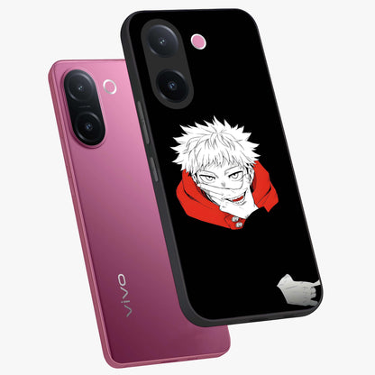 Crimson Chaos Smile Glass Case displayed in angled mockup highlighting edgy crimson smile design with graphic aesthetic.