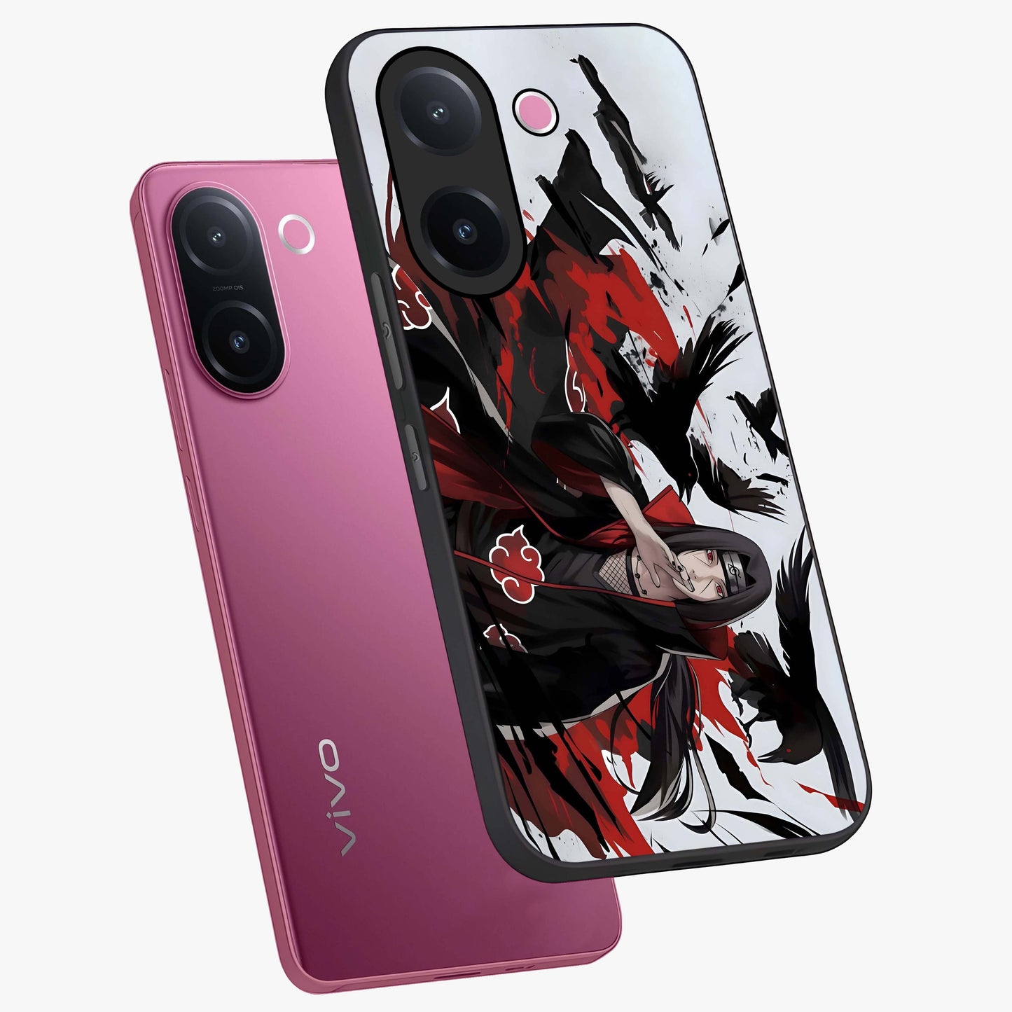 Crimson Crow Illusion Glass Case displayed in angled mockup highlighting mysterious crow graphic with dark aesthetic style.