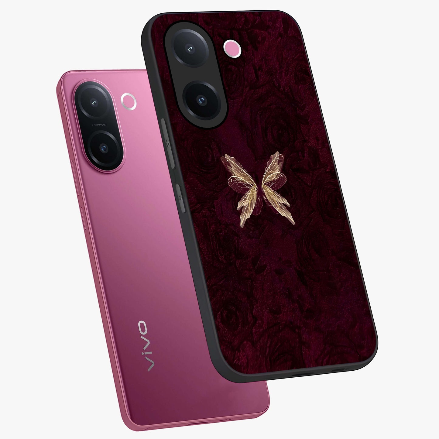 Crimson Fade Butterfly Glass Case displayed in angled mockup highlighting elegant butterfly design with crimson gradient aesthetic.