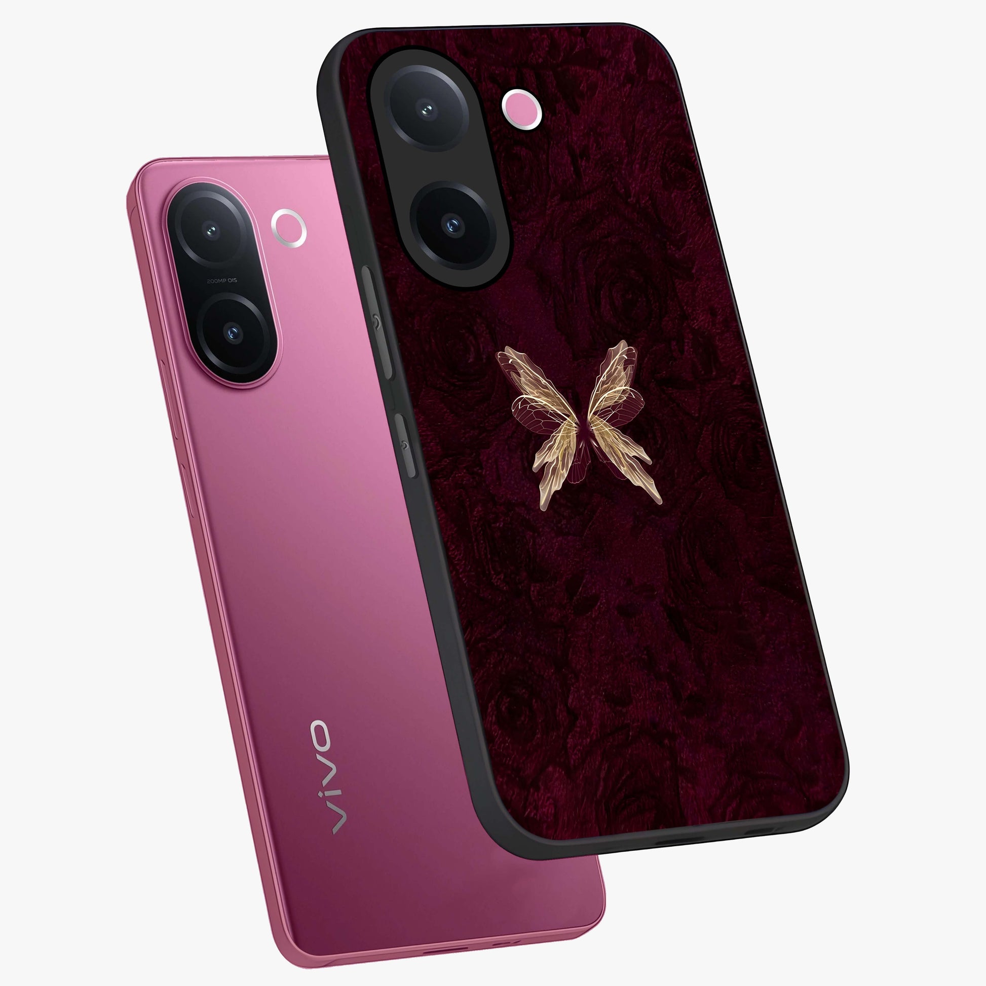 Crimson Fade Butterfly Glass Case displayed in angled mockup highlighting elegant butterfly design with crimson gradient aesthetic.