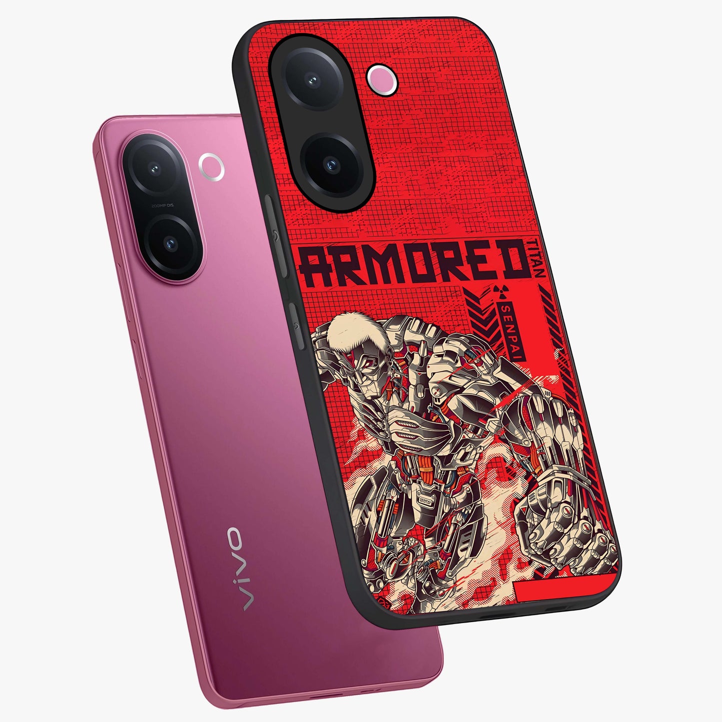 Crimson Mecha Titan Glass Case displayed in angled mockup highlighting futuristic mech illustration with bold crimson aesthetic.