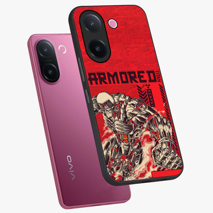 Crimson Mecha Titan Glass Case displayed in angled mockup highlighting futuristic mech illustration with bold crimson aesthetic.