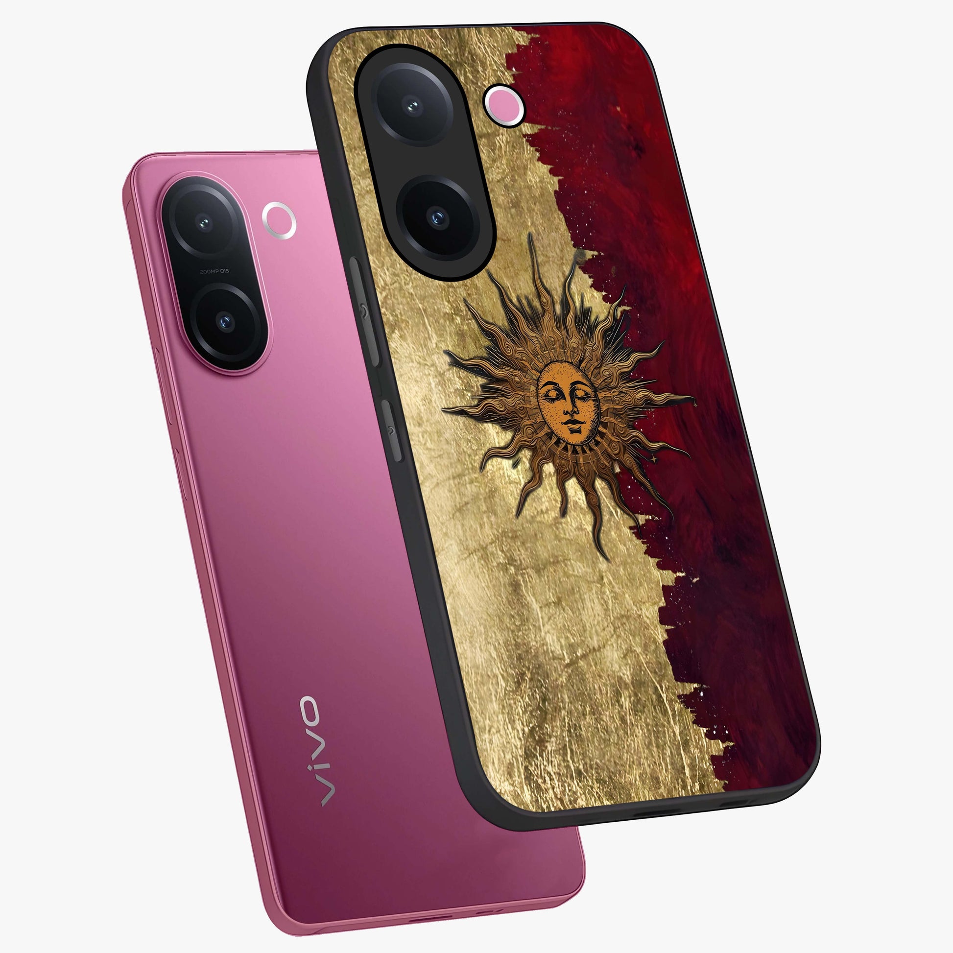 Crimson Sun Majesty Glass Case displayed in angled mockup highlighting majestic crimson sun design with bold aesthetic style.