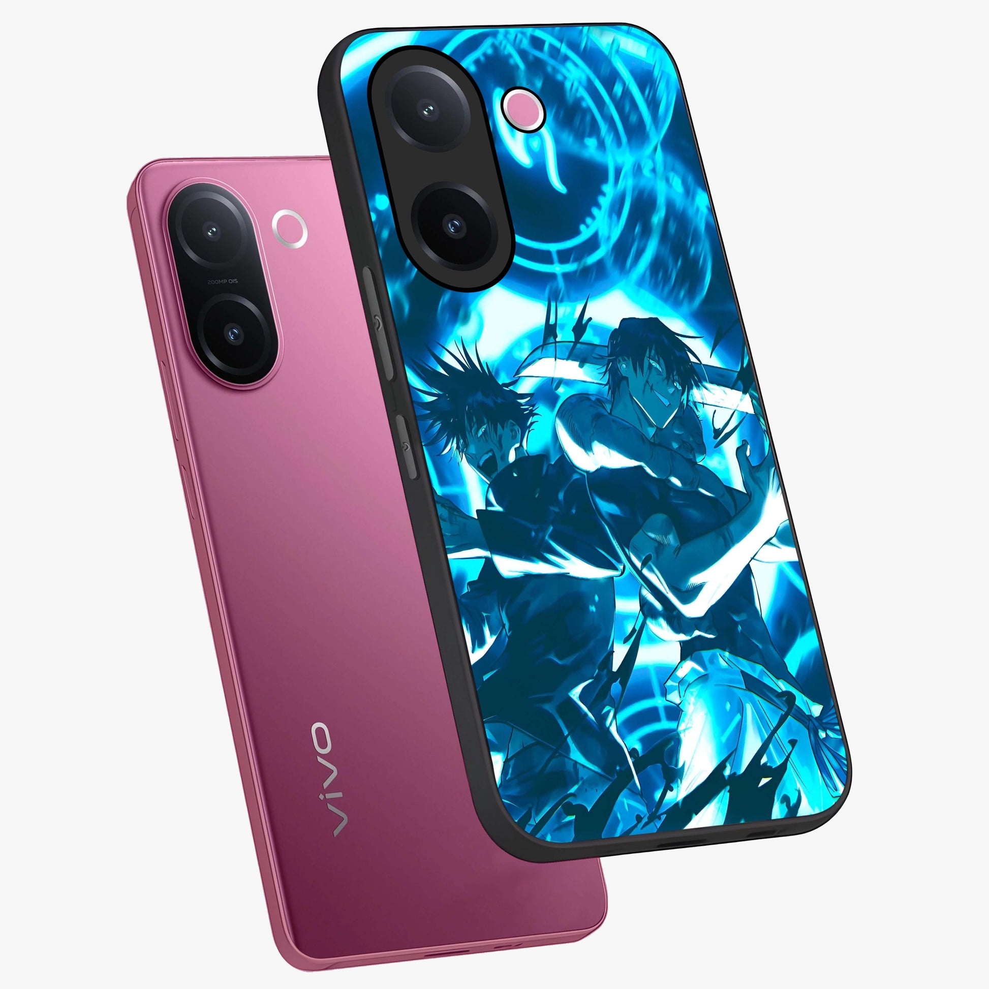 Cursed Energy Clash Glass Case displayed in angled mockup highlighting powerful battle inspired graphic with anime style aesthetic.