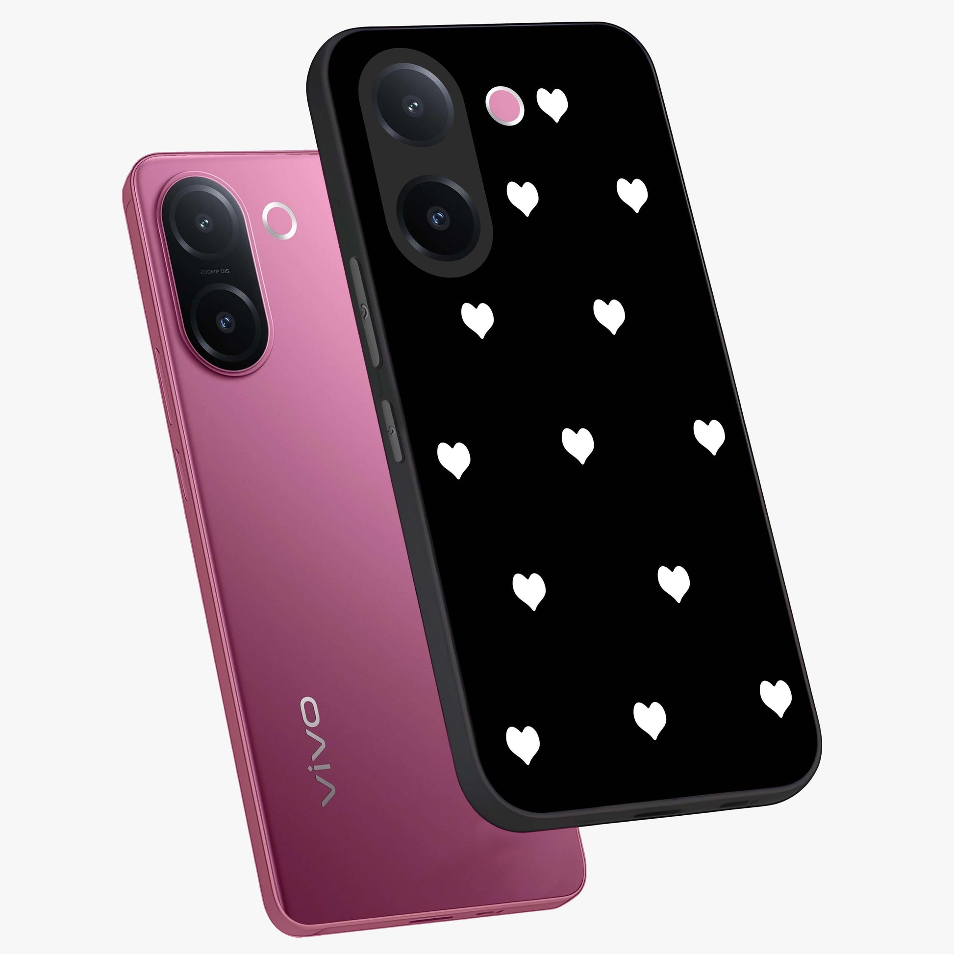 Cute And Simple White Hearts Glass Case displayed in angled mockup highlighting cute heart design with clean aesthetic style.