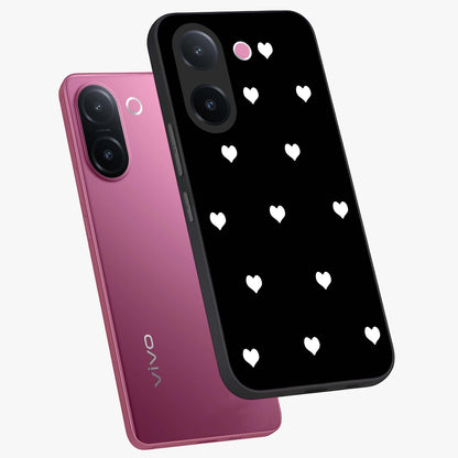 Cute And Simple White Hearts Glass Case displayed in angled mockup highlighting cute heart design with clean aesthetic style.