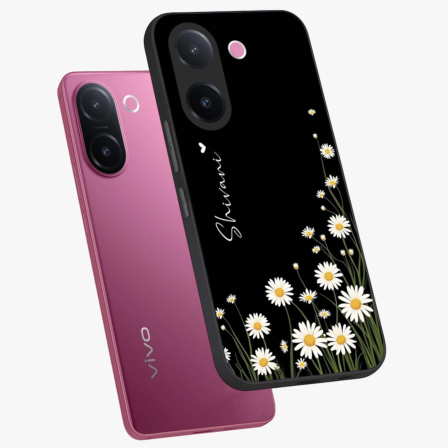 Daisy Cascade Custom Name Glass Case displayed in angled mockup highlighting delicate daisy artwork with custom name feature.