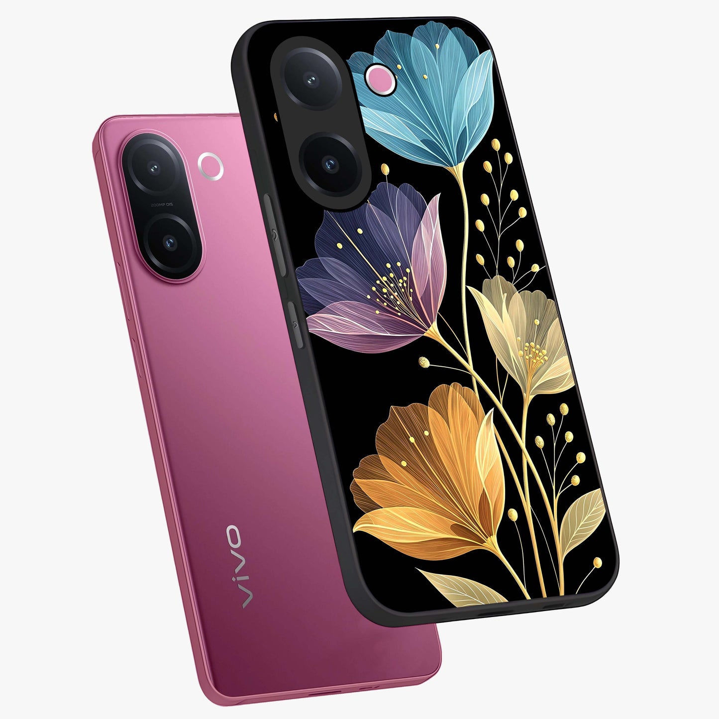 Delicate Multicolor Flowers Glass Case displayed in angled mockup highlighting colorful flower pattern with soft aesthetic style.