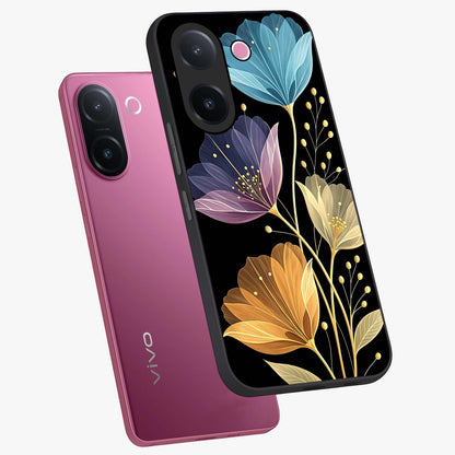 Delicate Multicolor Flowers Glass Case displayed in angled mockup highlighting colorful flower pattern with soft aesthetic style.