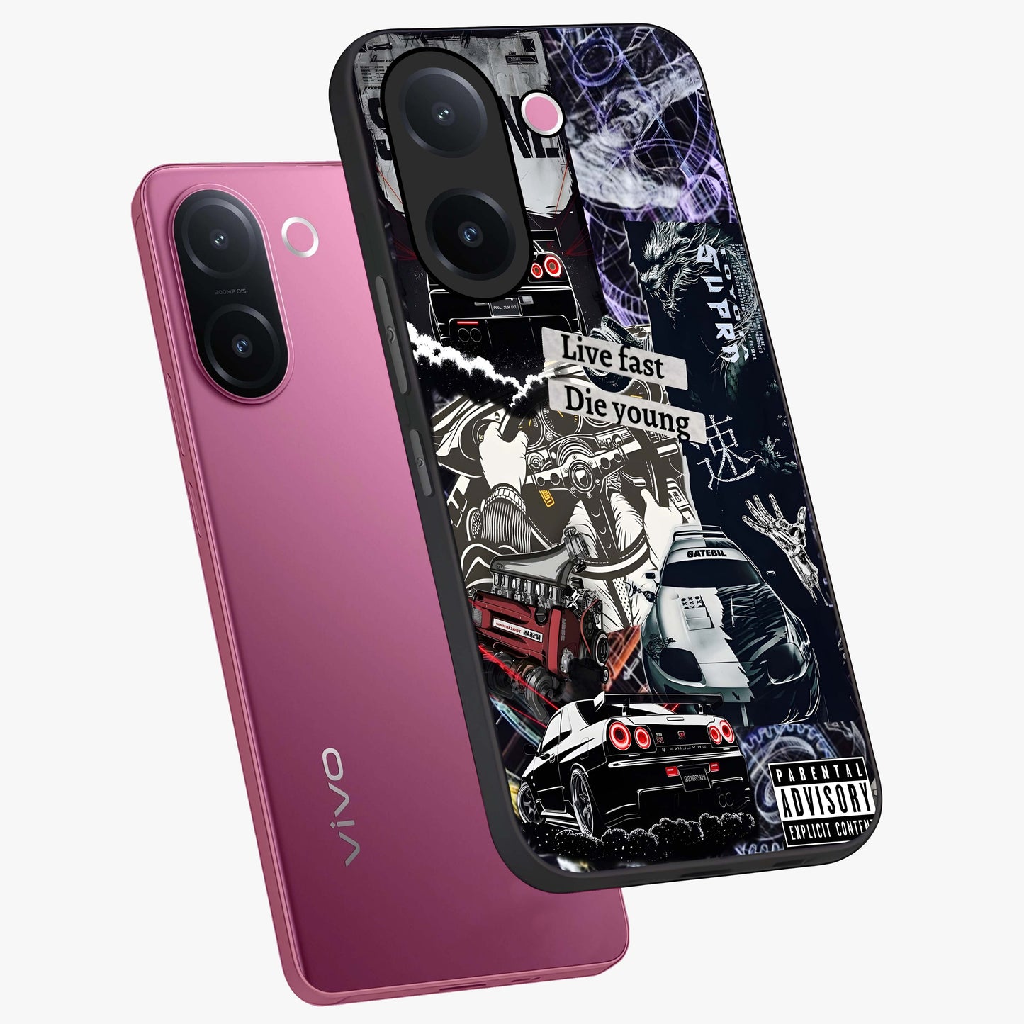 Die Young Glass Case displayed in angled mockup highlighting expressive graphic artwork with edgy aesthetic style.