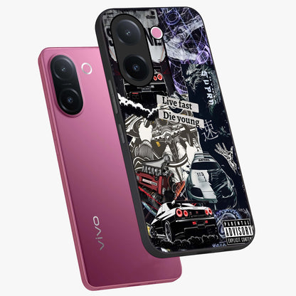 Die Young Glass Case displayed in angled mockup highlighting expressive graphic artwork with edgy aesthetic style.
