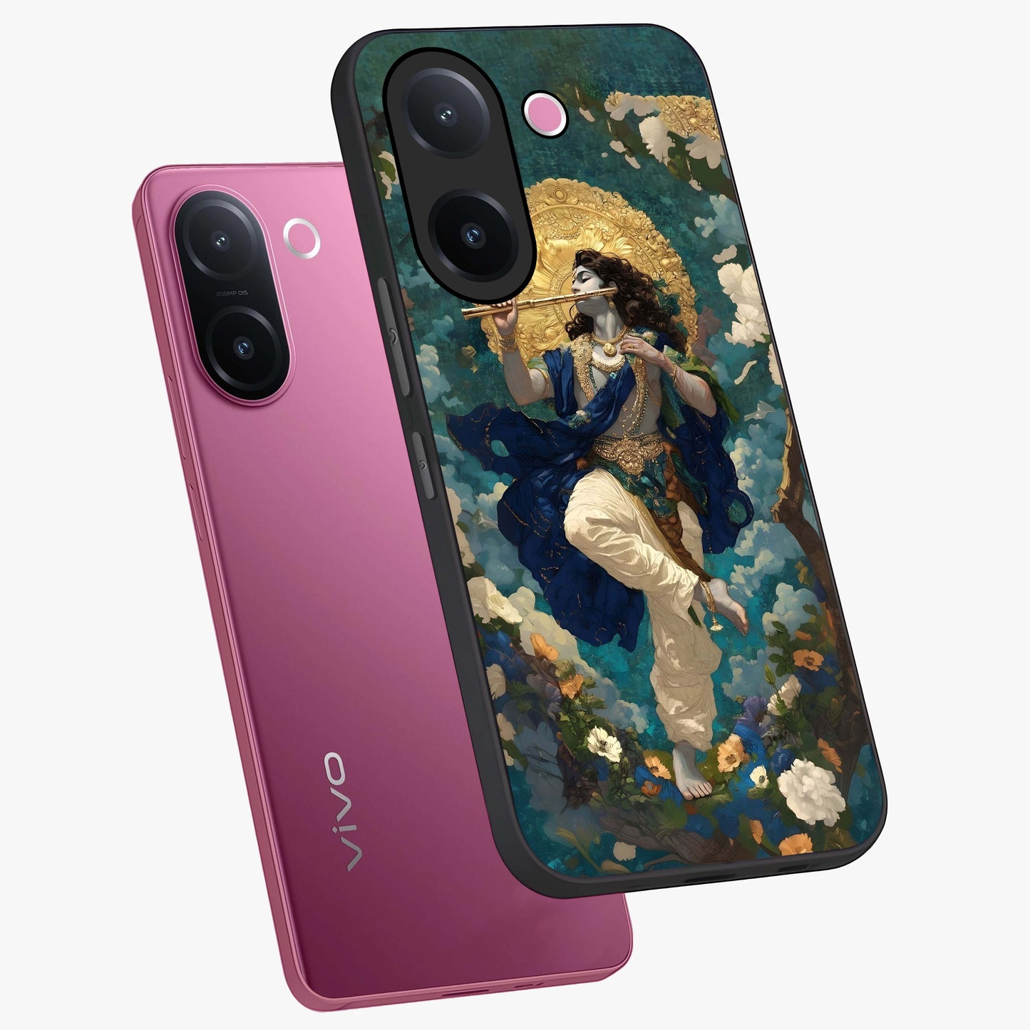 Divine Krishna Art Glass Case displayed in angled mockup highlighting spiritual Krishna illustration with devotional aesthetic.