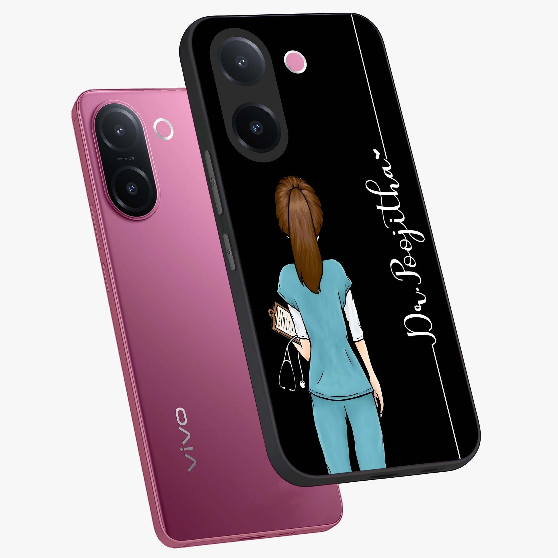Doctor Pattern Custom Name Glass Case displayed in angled mockup highlighting doctor inspired artwork with custom name feature.