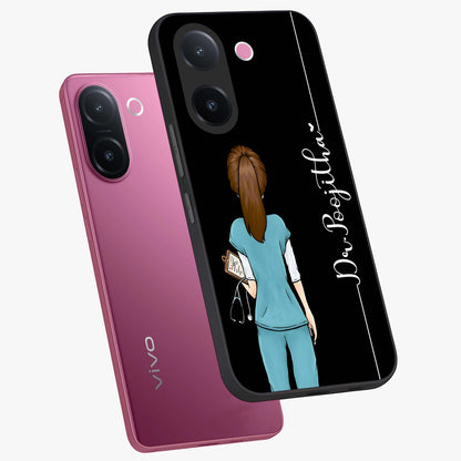 Doctor Pattern Custom Name Glass Case displayed in angled mockup highlighting doctor inspired artwork with custom name feature.