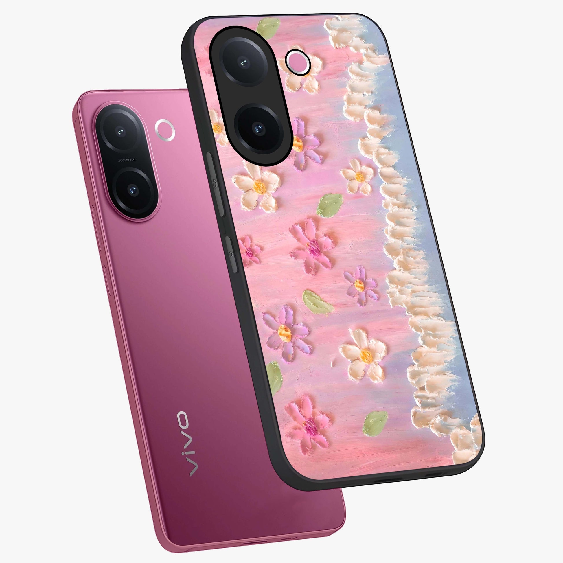Dreamy Painted Garden Glass Case displayed in angled mockup highlighting colorful garden illustration with dreamy aesthetic style.