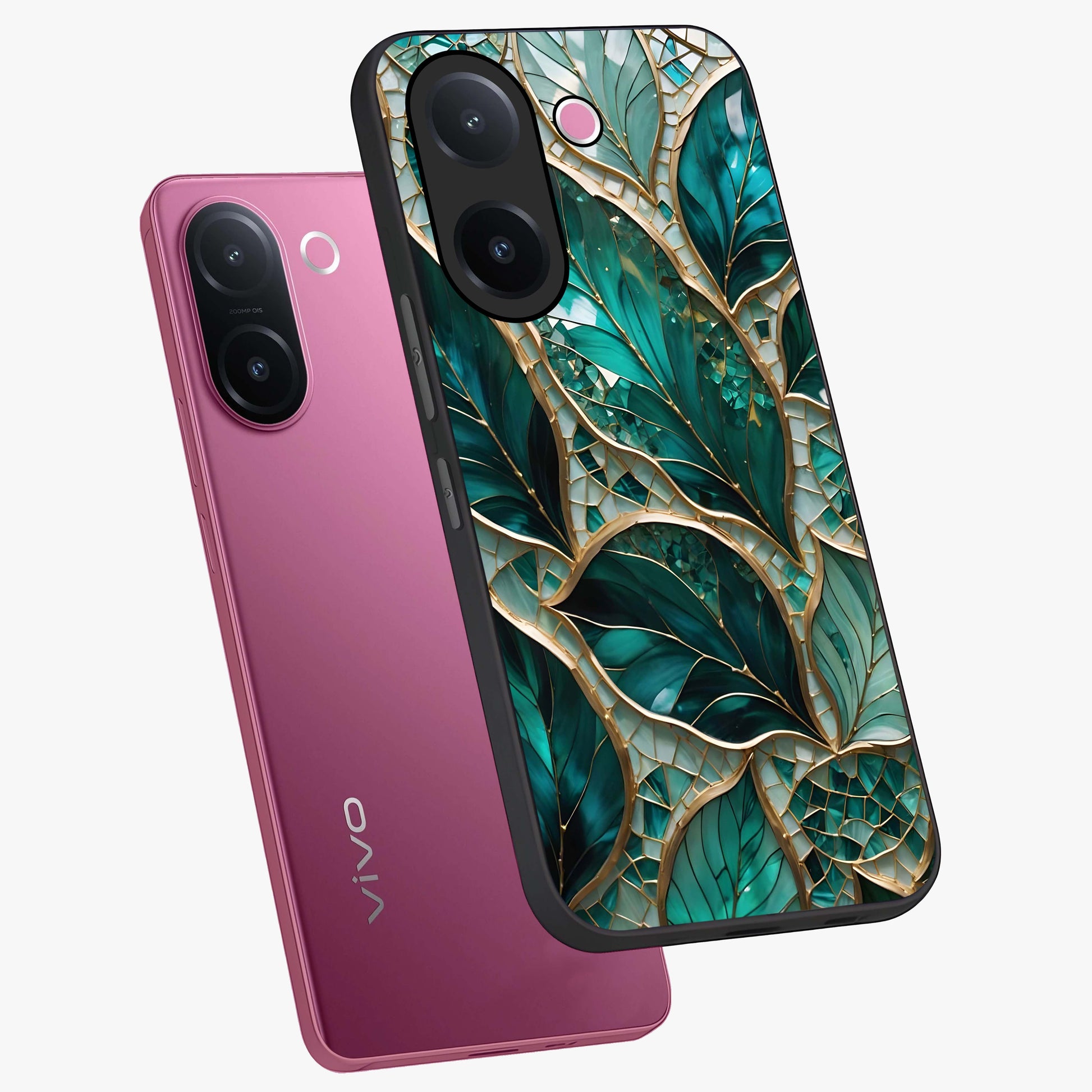 Emerald Leaf Glass Glass Case displayed in angled mockup highlighting botanical leaf illustration with elegant natural aesthetic.