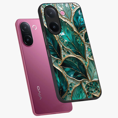 Emerald Leaf Glass Glass Case displayed in angled mockup highlighting botanical leaf illustration with elegant natural aesthetic.