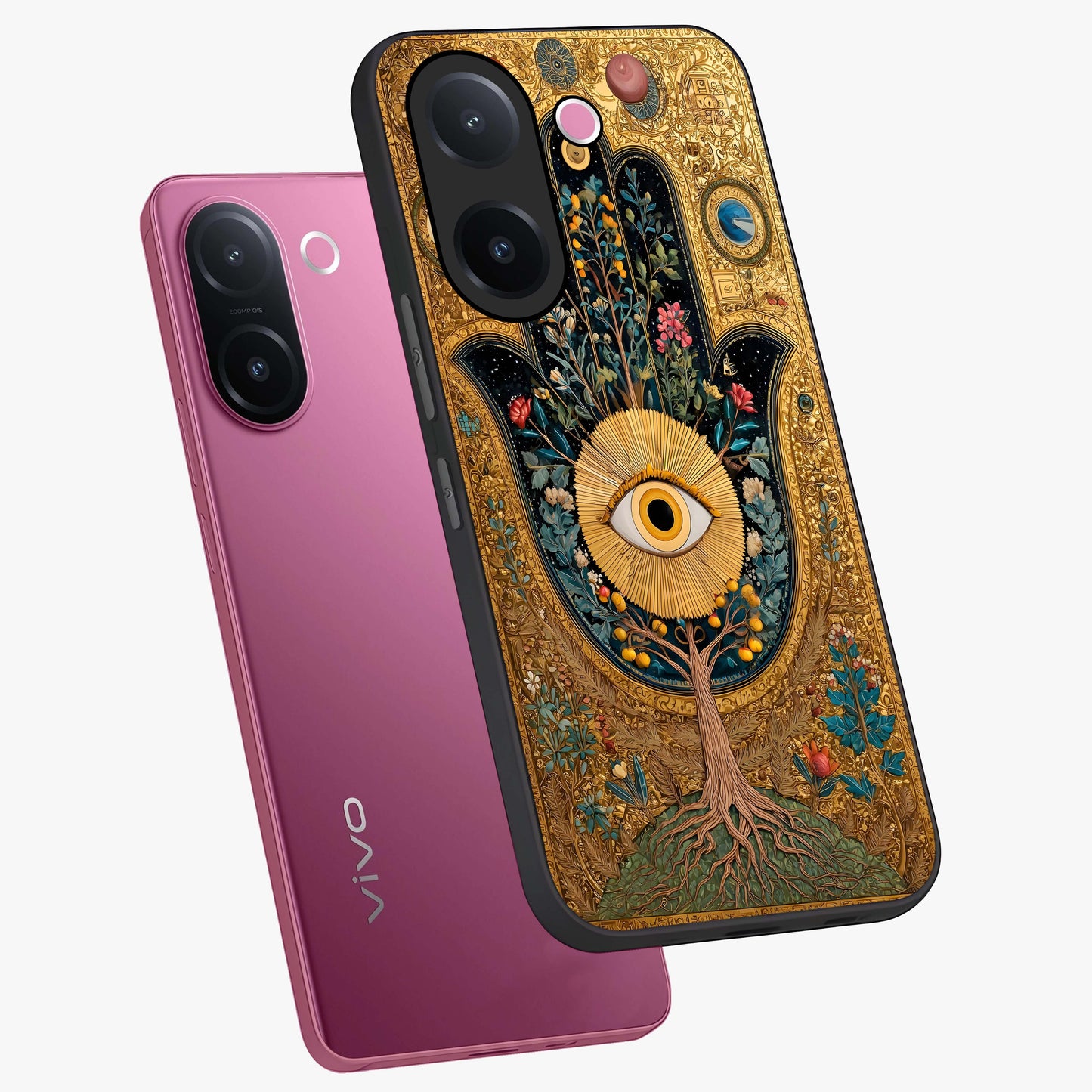 Ethereal Evil Eye Glass Case displayed in angled mockup highlighting protective evil eye symbol with spiritual aesthetic design.