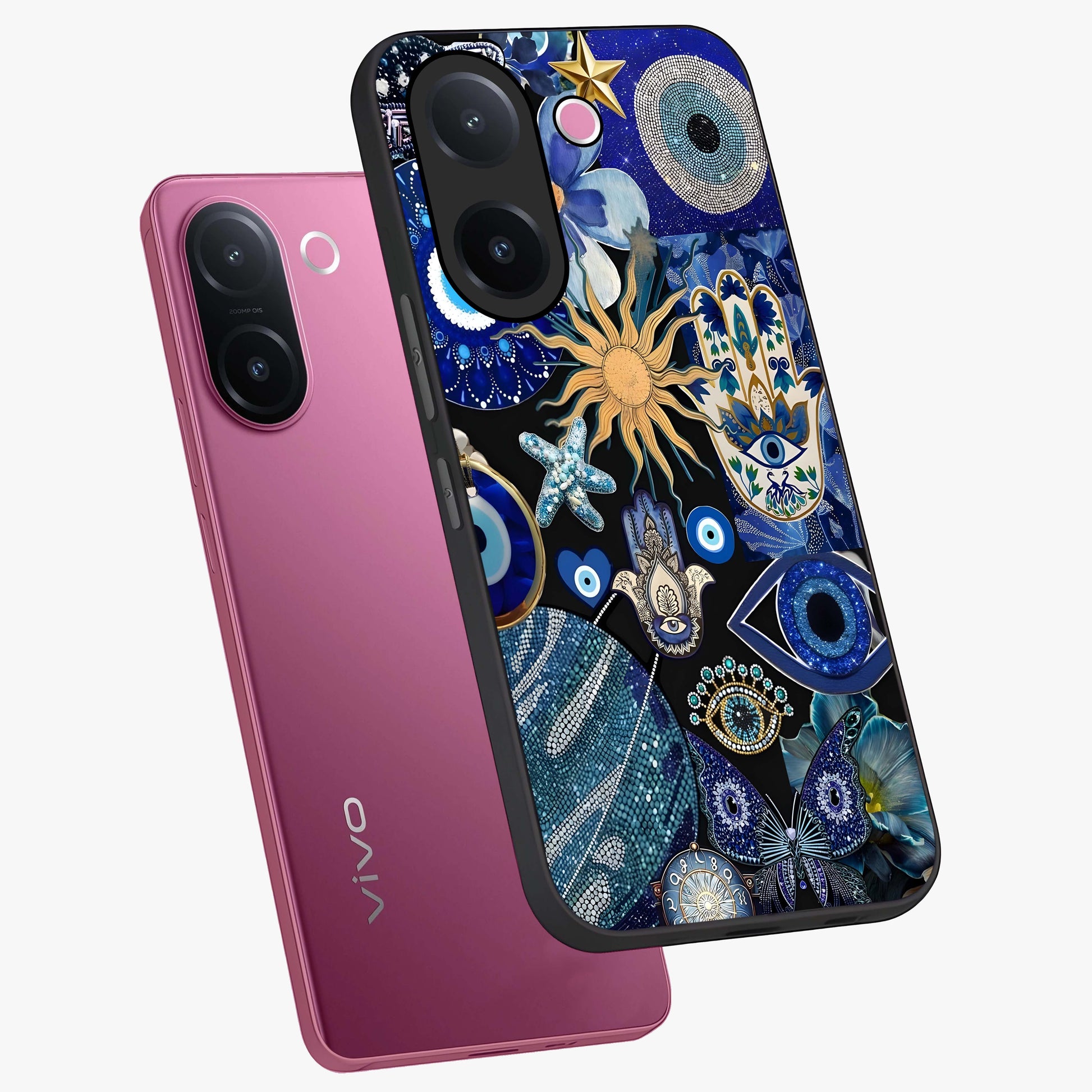 Evil Eye Charm Mix Glass Case displayed in angled mockup highlighting protective evil eye symbols with spiritual aesthetic design.