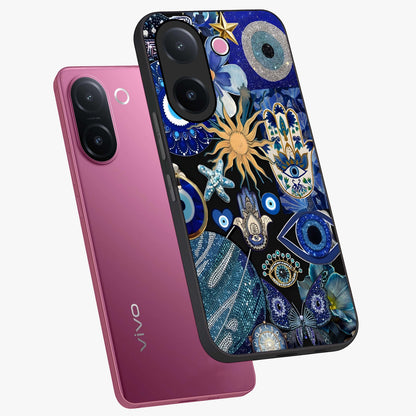 Evil Eye Charm Mix Glass Case displayed in angled mockup highlighting protective evil eye symbols with spiritual aesthetic design.