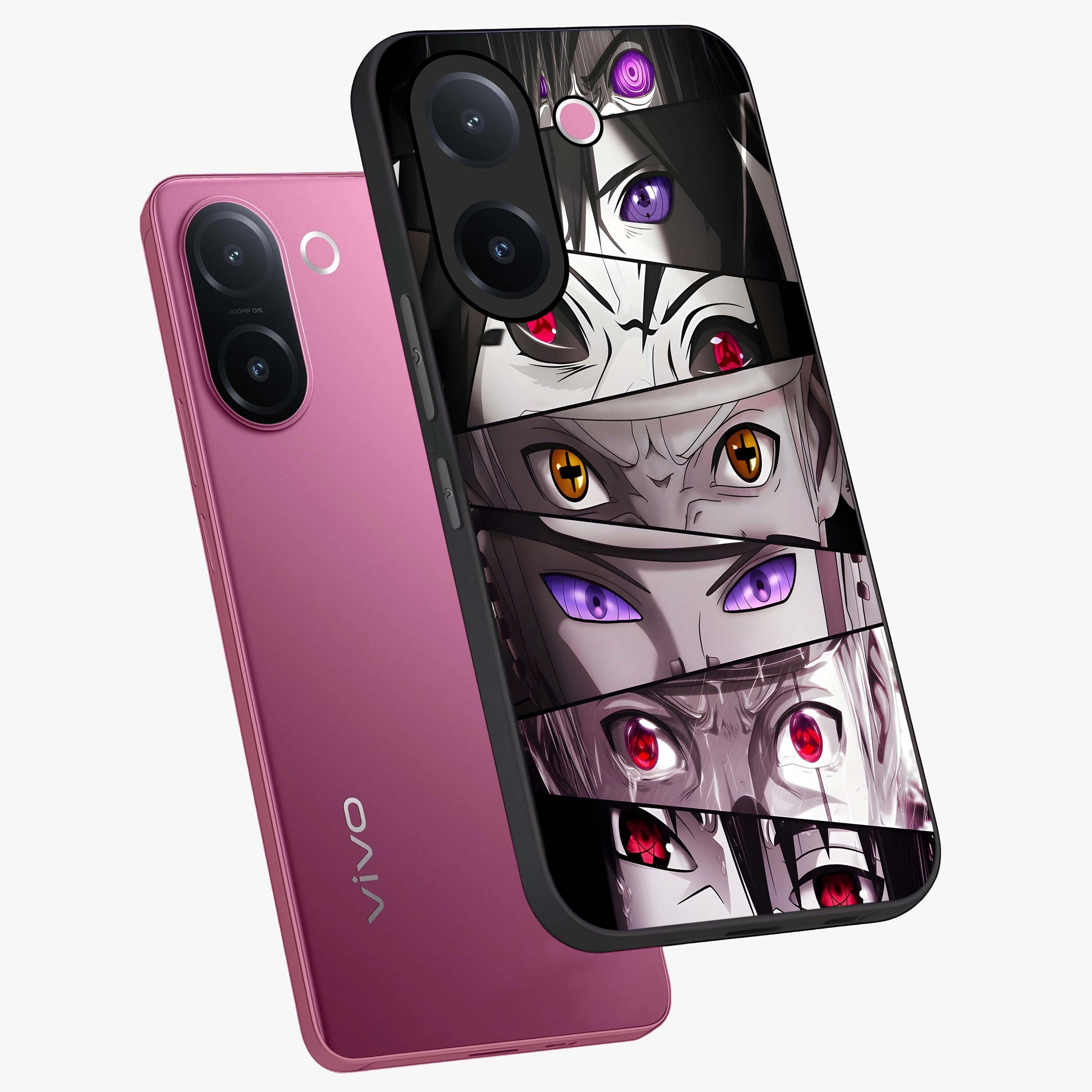 Eyes of Destiny Glass Case displayed in angled mockup highlighting bold eye illustration with mystical aesthetic style.