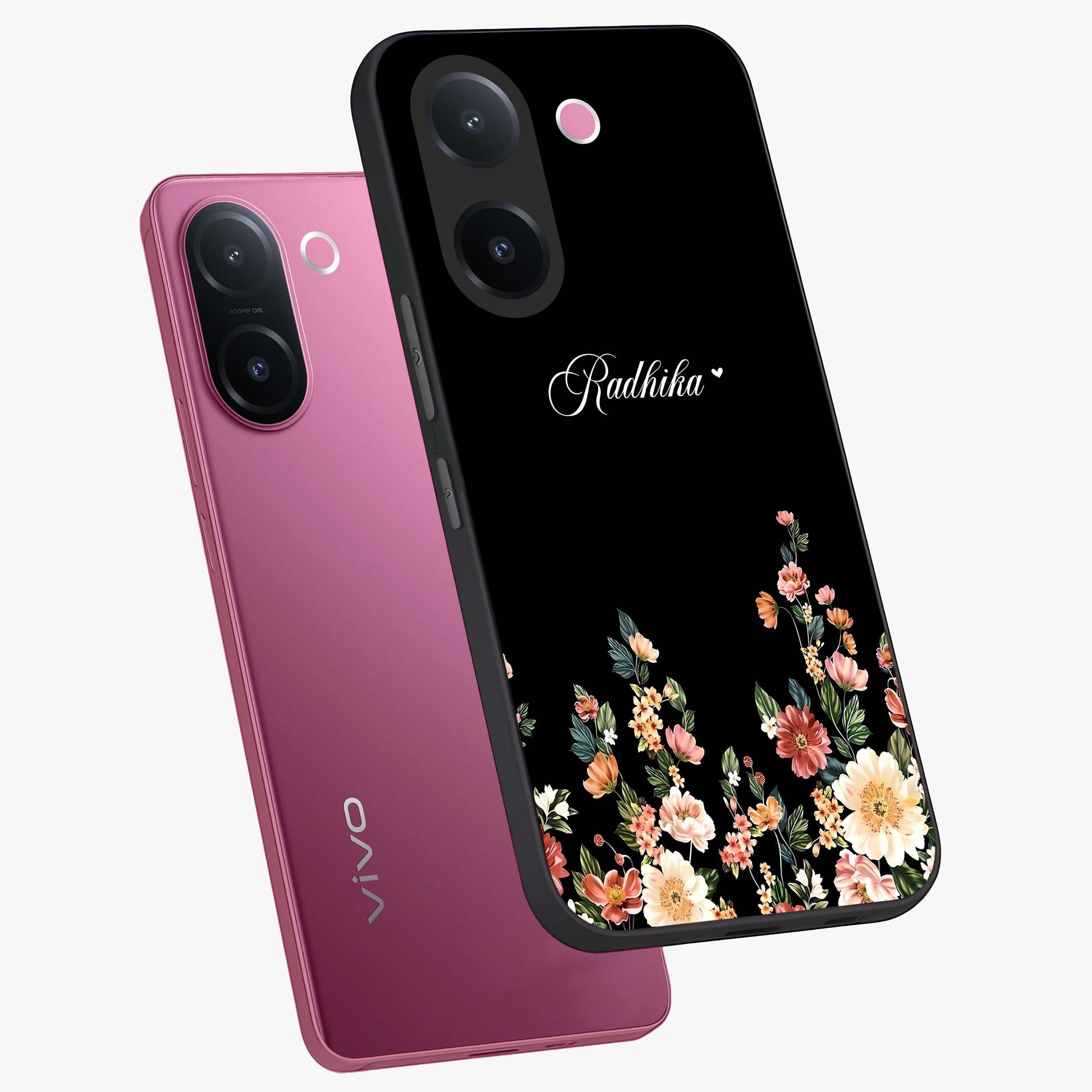 Floral Design With a Custom Personalized Name Glass Case displayed in angled mockup highlighting elegant floral pattern with custom name feature.
