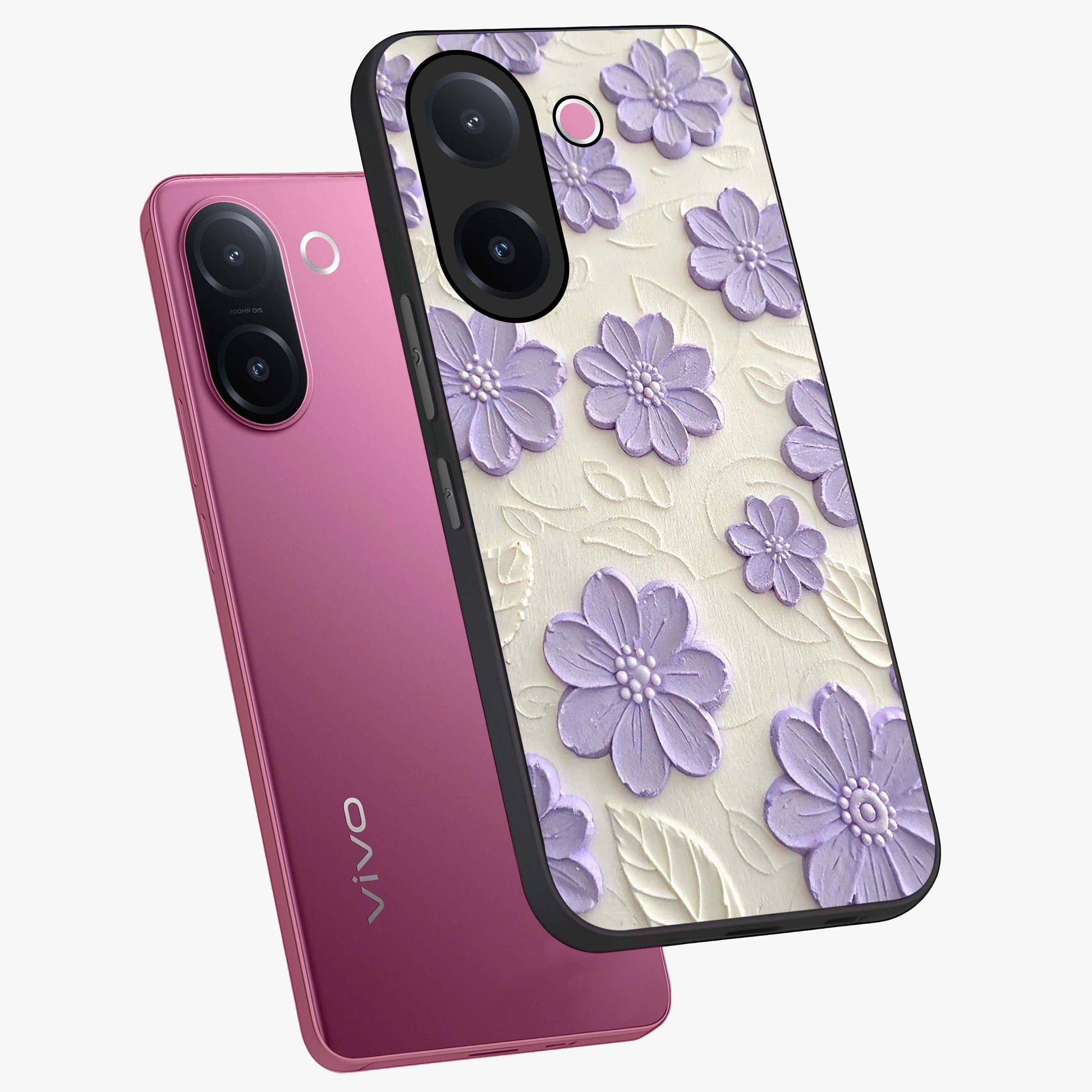 Floral Wall Art With Purple Flowers Glass Case displayed in angled mockup highlighting vibrant purple floral illustration with artistic aesthetic.