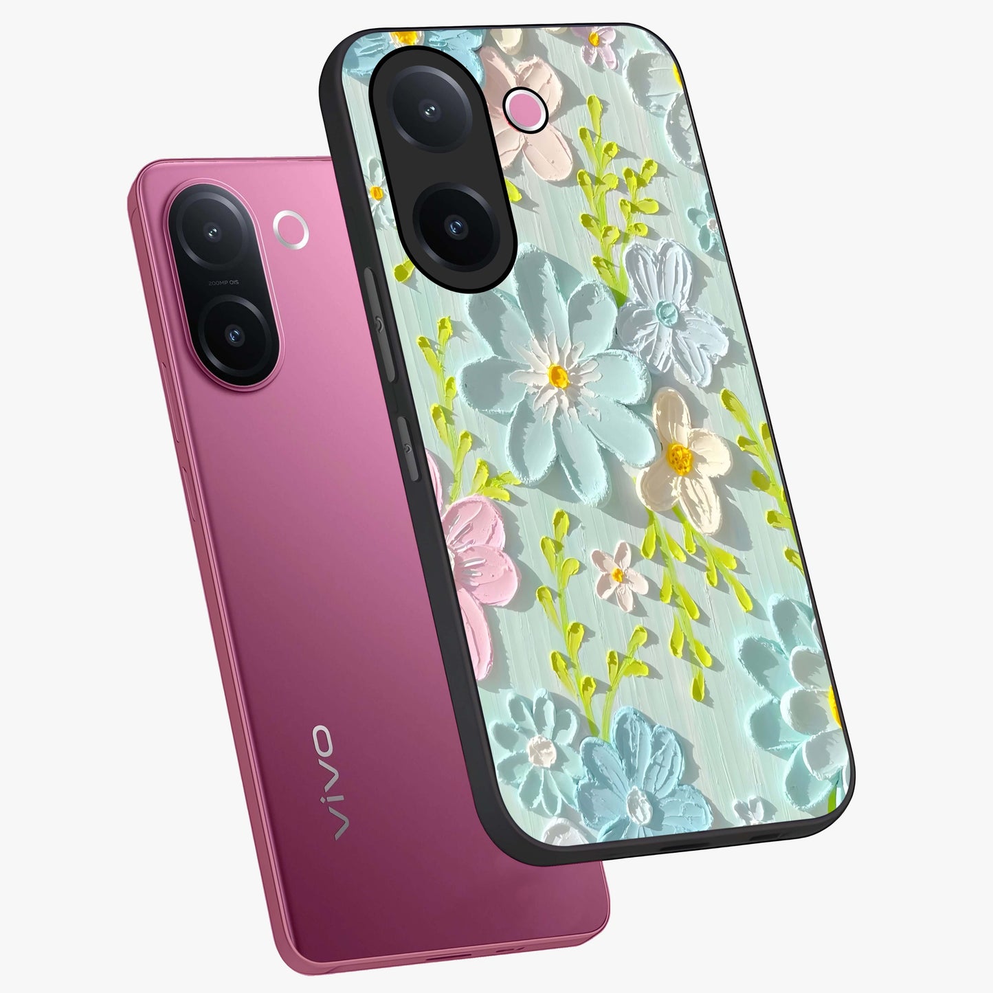 Frosted Petal Garden Glass Case displayed in angled mockup highlighting delicate flower petal design with calm garden aesthetic.