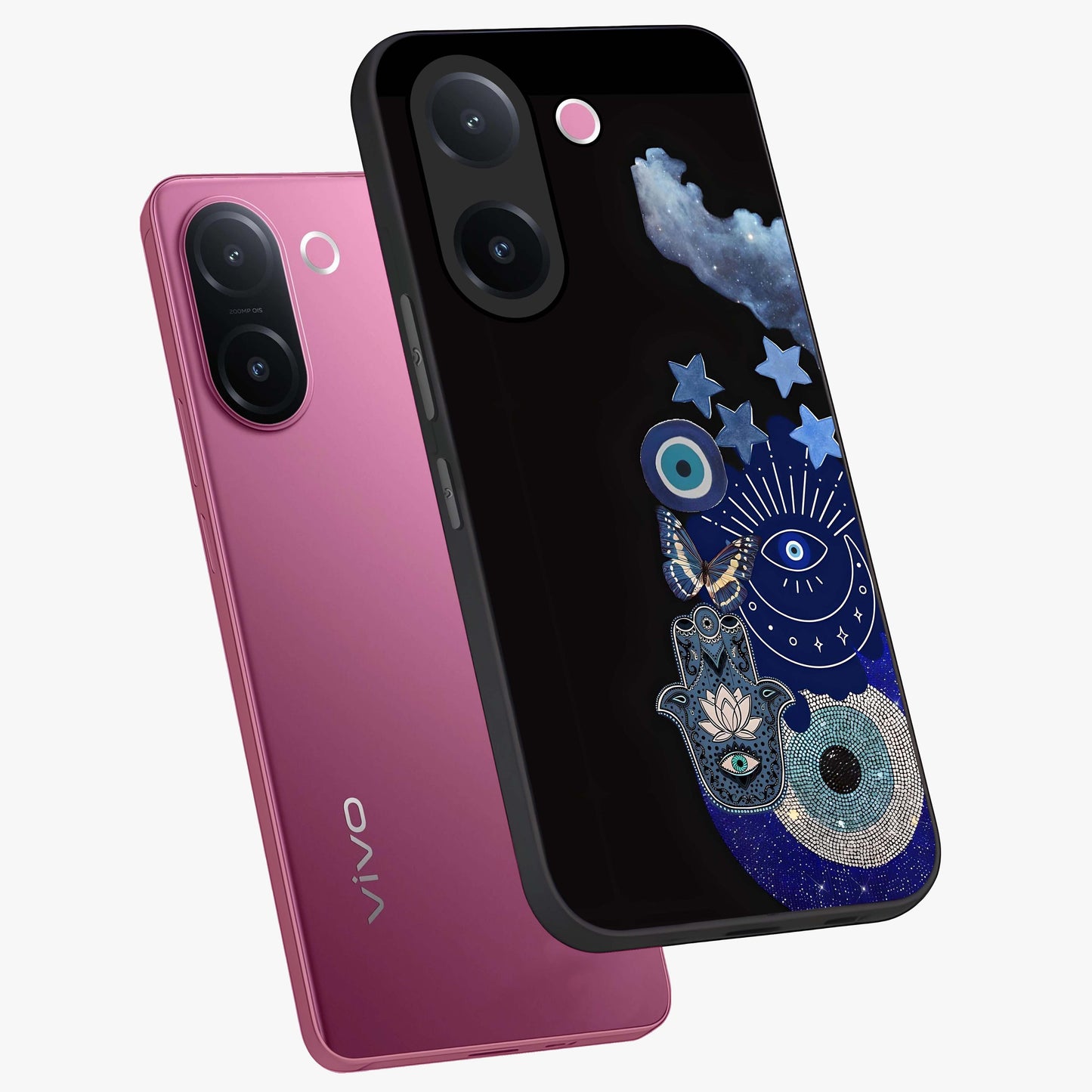 Galactic Charm Cluster Glass Case displayed in angled mockup highlighting luminous galaxy inspired design with dreamy aesthetic.