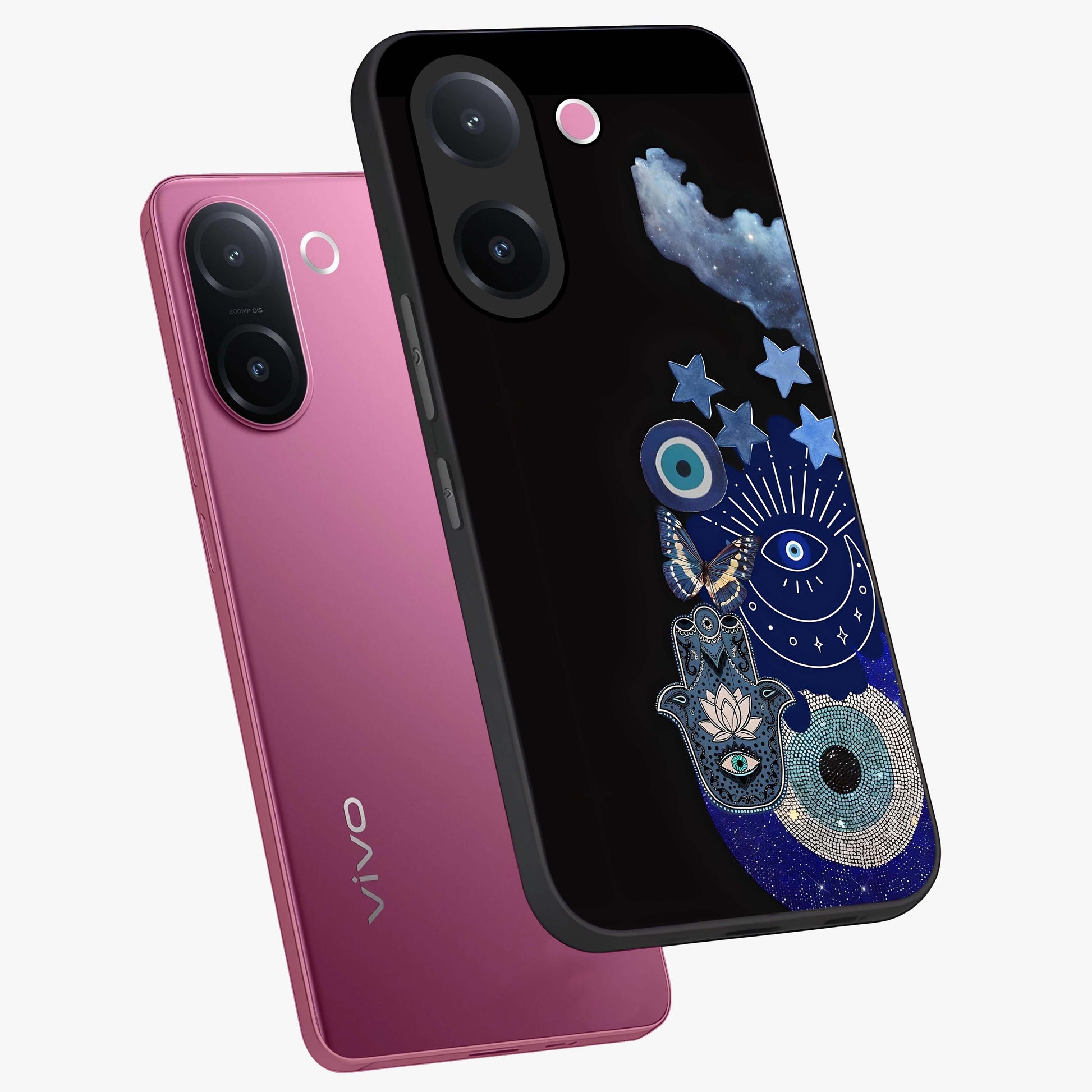 Galactic Charm Cluster Glass Case displayed in angled mockup highlighting luminous galaxy inspired design with dreamy aesthetic.