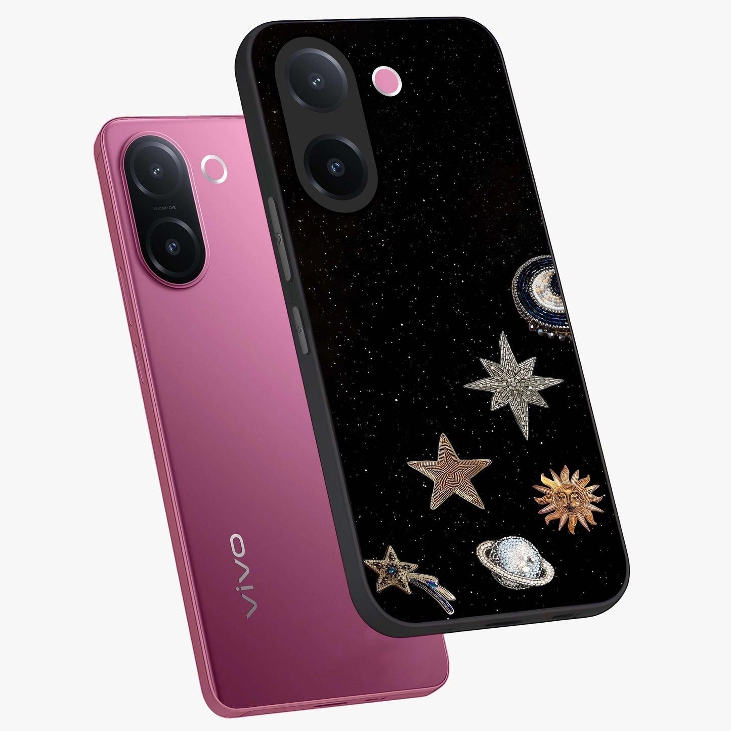 Galactic Charm Glow Glass Case displayed in angled mockup highlighting luminous galaxy inspired design with dreamy aesthetic.