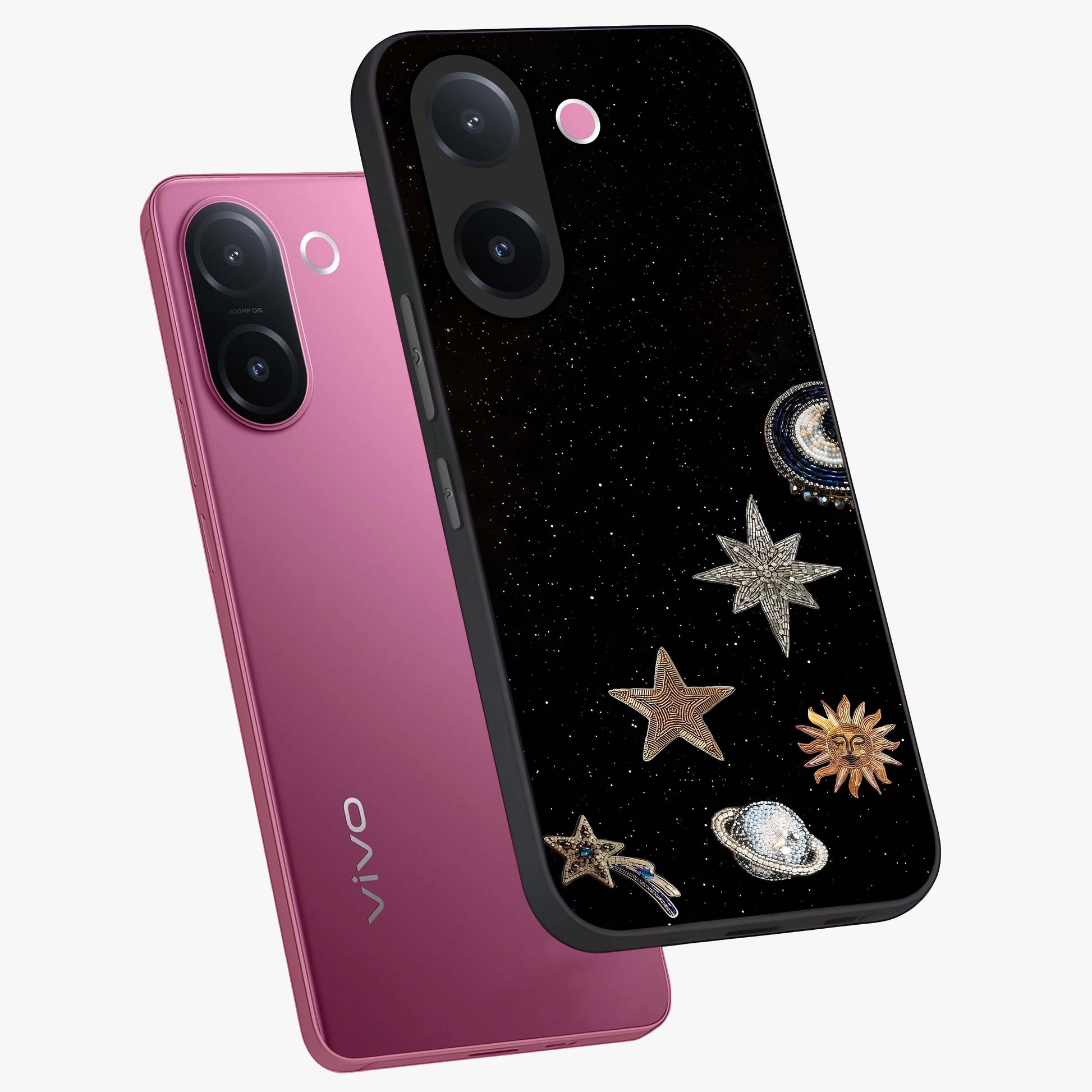 Galactic Charm Glow Glass Case displayed in angled mockup highlighting luminous galaxy inspired design with dreamy aesthetic.