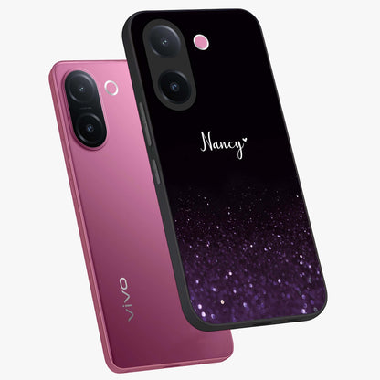 Glittery Purple Bokeh Custom Name Glass Case displayed in angled mockup highlighting glitter bokeh pattern with custom name feature.