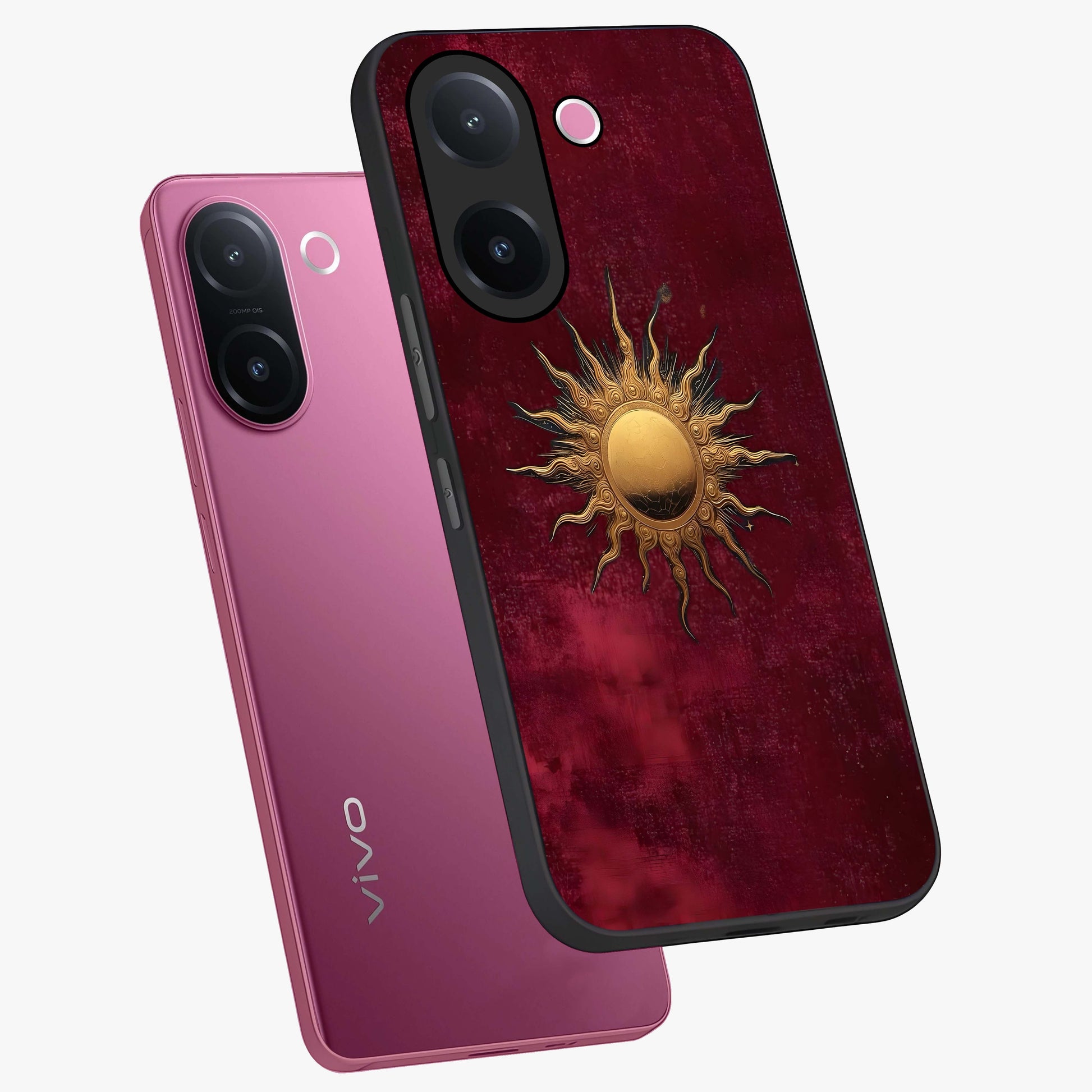 Golden Sun Minimalism Glass Case displayed in angled mockup highlighting clean sun symbol design with modern minimal aesthetic.