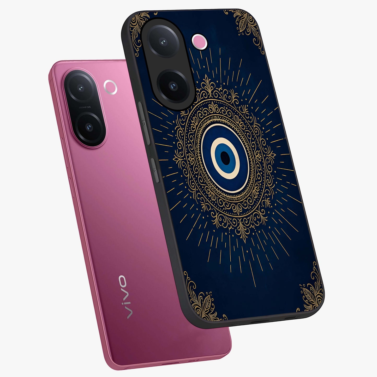 Golden Celestial Charm Glass Case displayed in angled mockup highlighting sparkling cosmic charm design with celestial aesthetic.