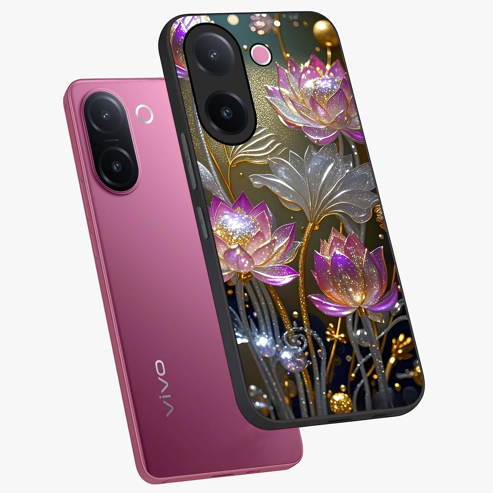 Golden Floral Majesty Glass Case displayed in angled mockup highlighting elegant flower design with royal golden aesthetic.