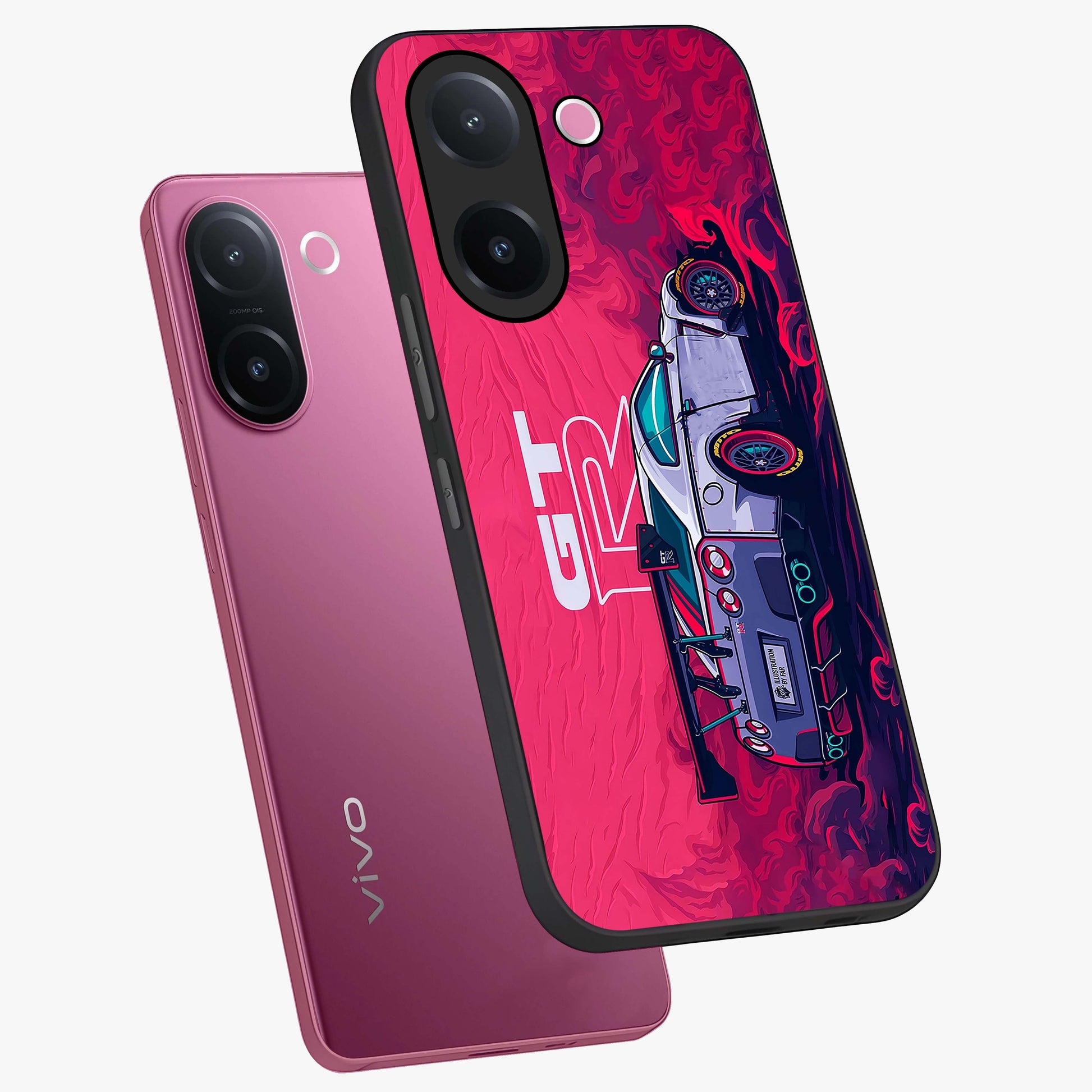 GT-R Car Pattern Glass Case displayed in angled mockup highlighting racing car graphic design with bold automotive aesthetic.
