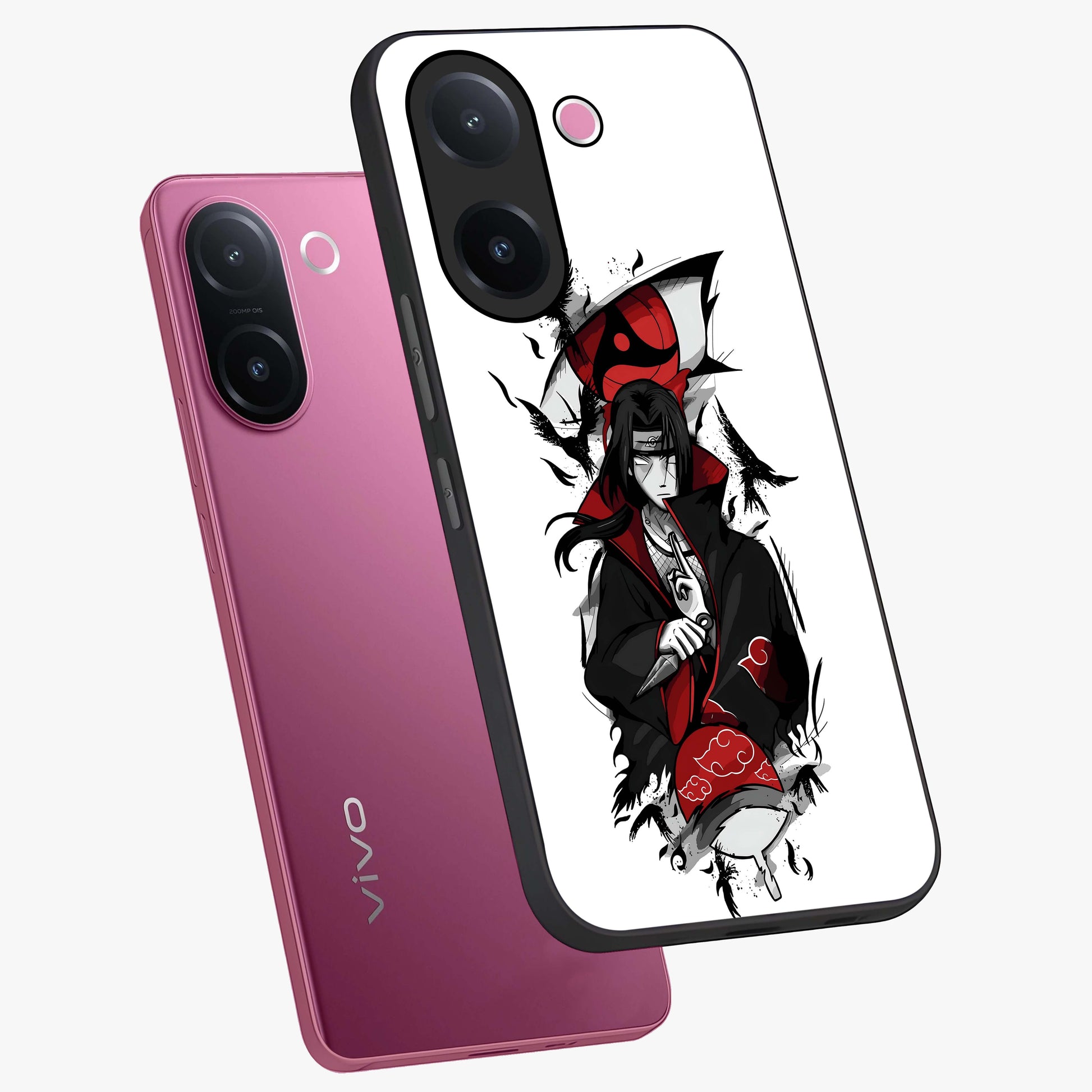 Itachi Limited Edition Naruto Anime Glass Case displayed in angled mockup highlighting dramatic anime illustration with bold action aesthetic.
