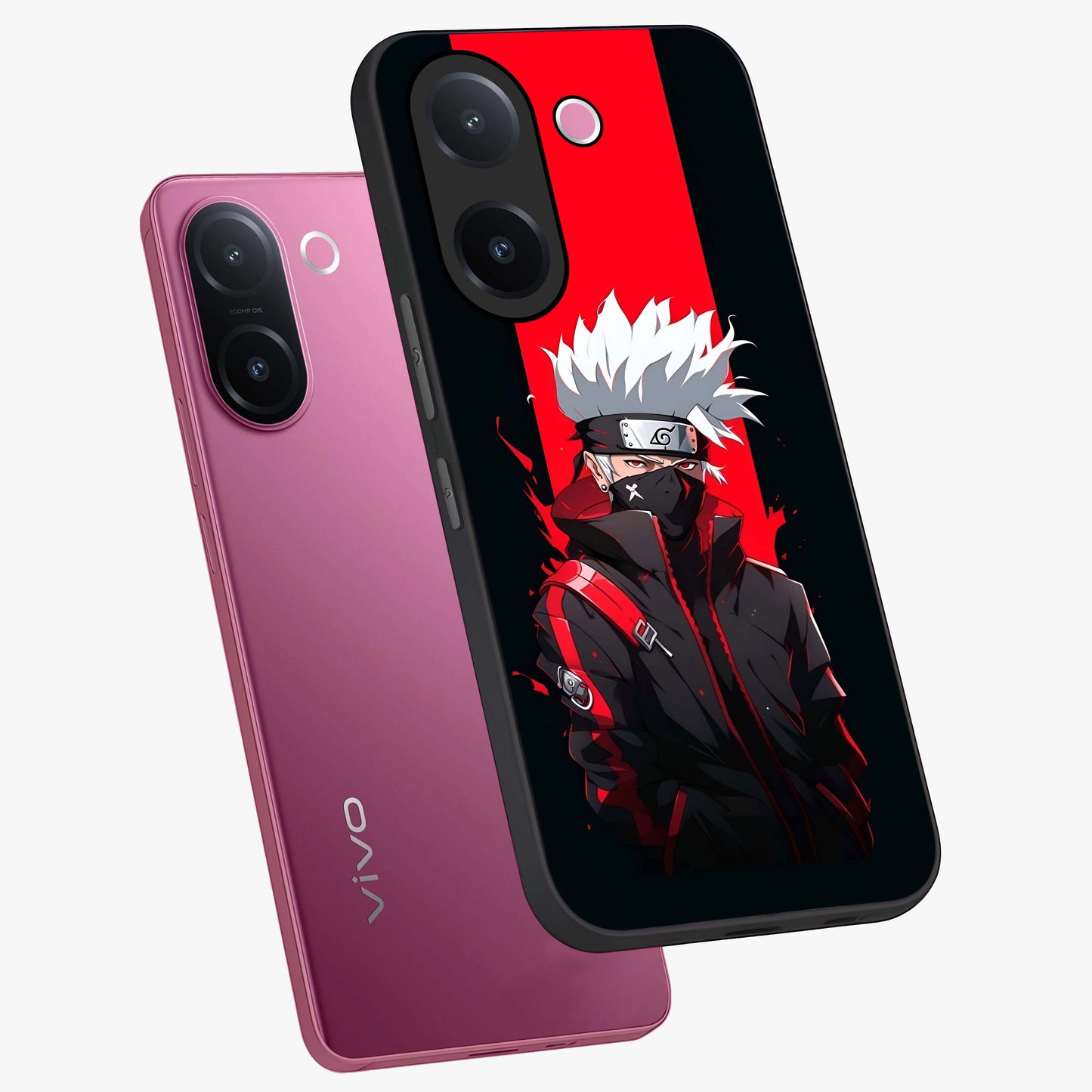 Kakashi Scarlet Shadow Glass Case displayed in angled mockup highlighting dramatic ninja illustration with scarlet themed aesthetic.