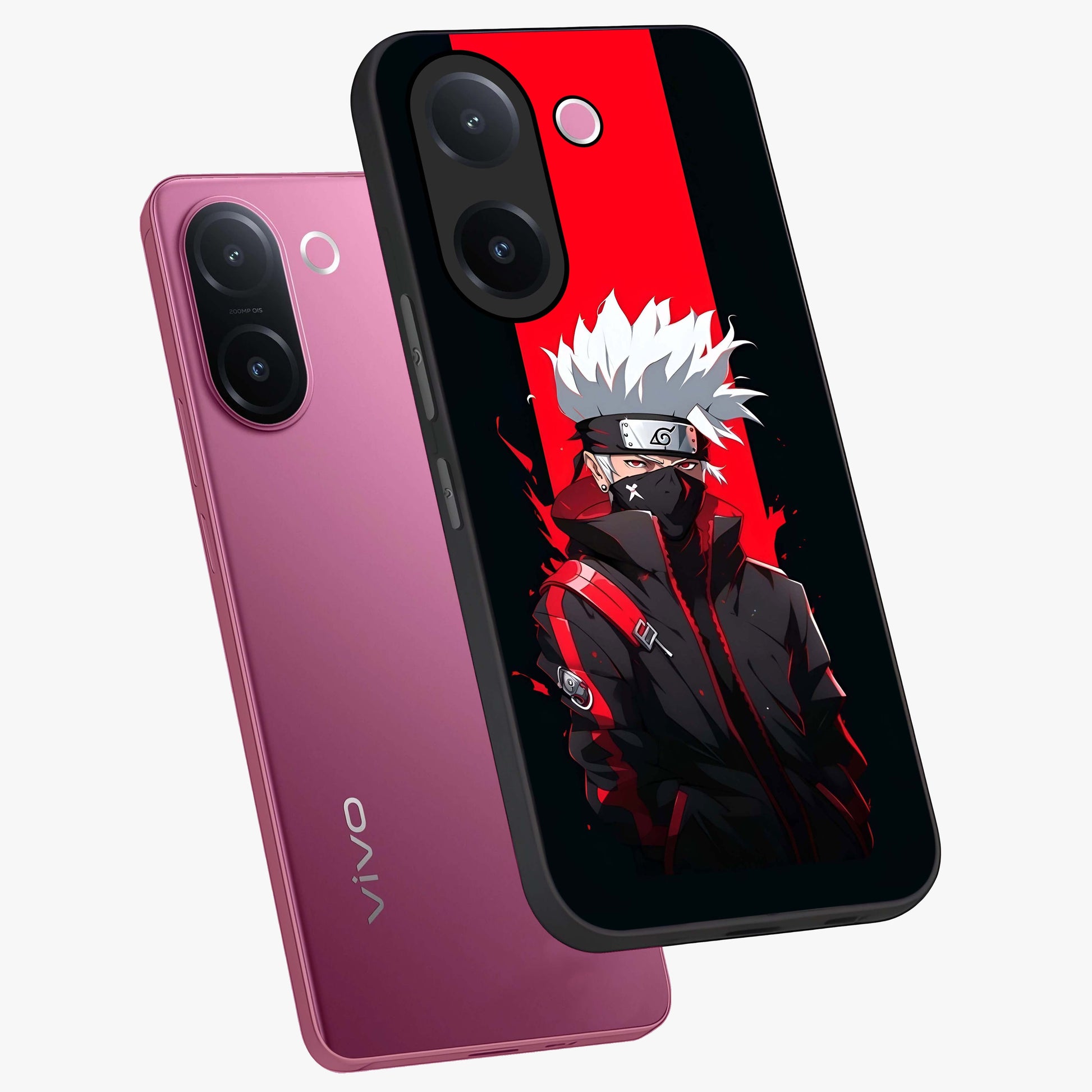 Kakashi Scarlet Shadow Glass Case displayed in angled mockup highlighting dramatic ninja illustration with scarlet themed aesthetic.