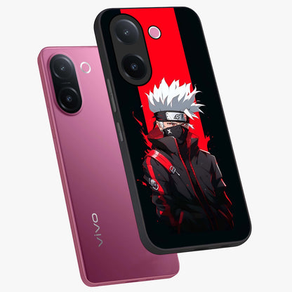 Kakashi Scarlet Shadow Glass Case displayed in angled mockup highlighting dramatic ninja illustration with scarlet themed aesthetic.