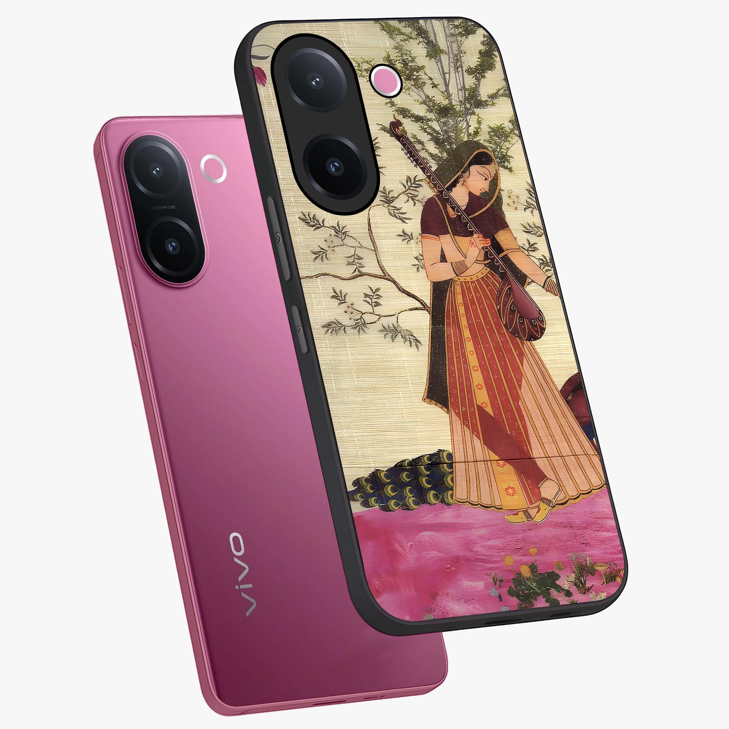 Lady With Veena Art Glass Case displayed in angled mockup highlighting graceful musical illustration with cultural artistic aesthetic.