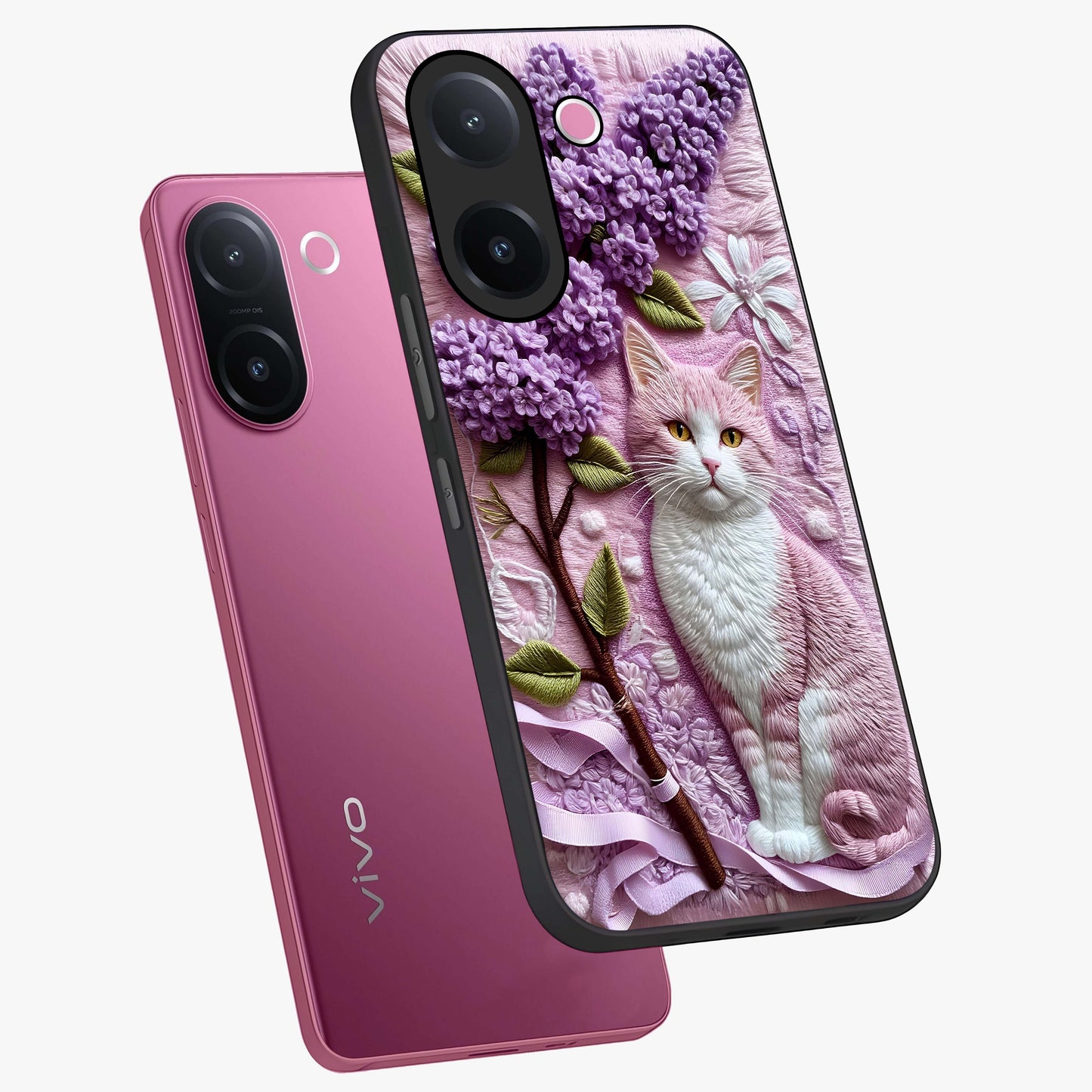 Lavender Cat Whimsy Glass Case displayed in angled mockup highlighting playful feline illustration with pastel lavender aesthetic.