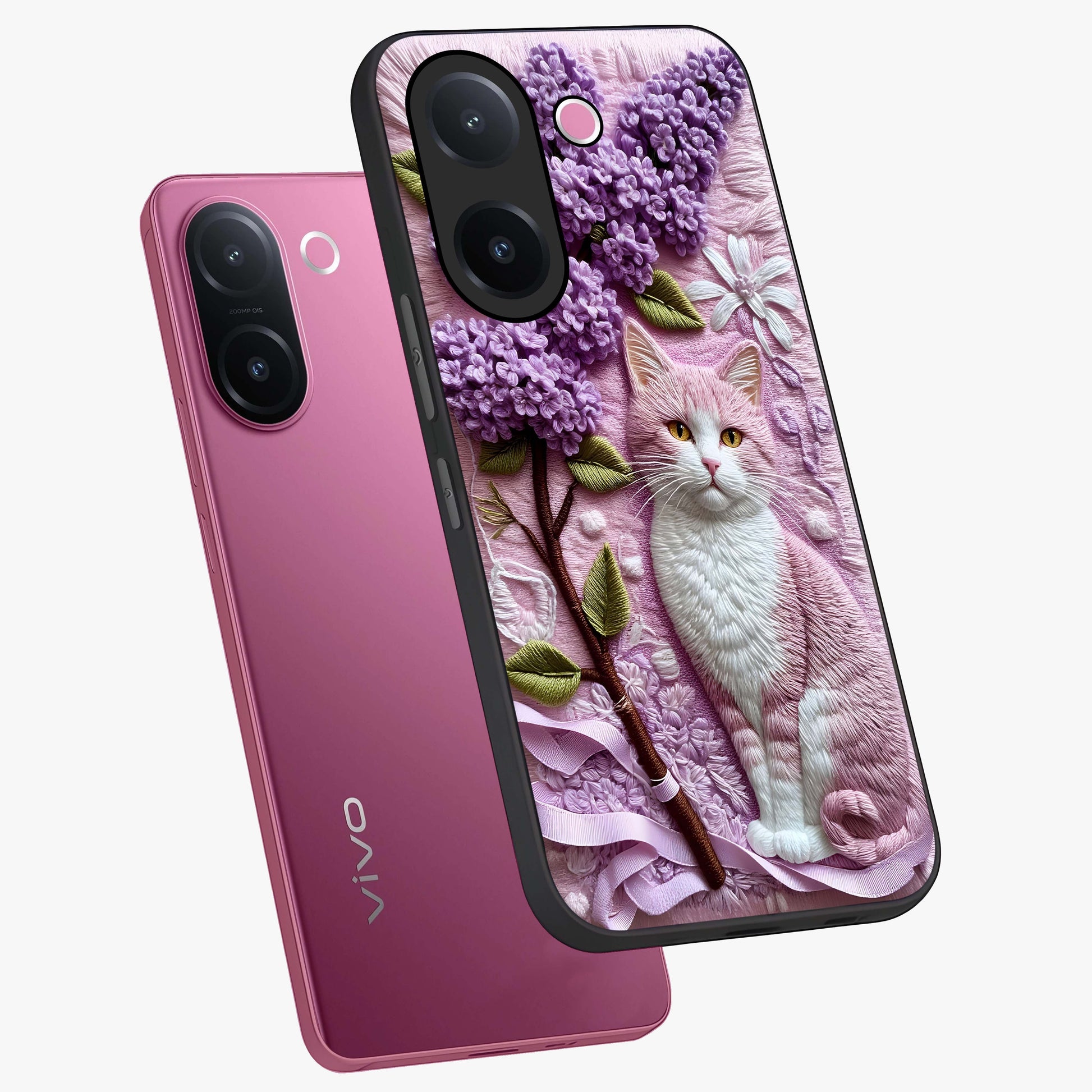 Lavender Cat Whimsy Glass Case displayed in angled mockup highlighting playful feline illustration with pastel lavender aesthetic.