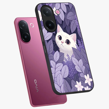 Lilac Hide Peek Cat Glass Case displayed in angled mockup highlighting playful feline illustration with lilac aesthetic design.