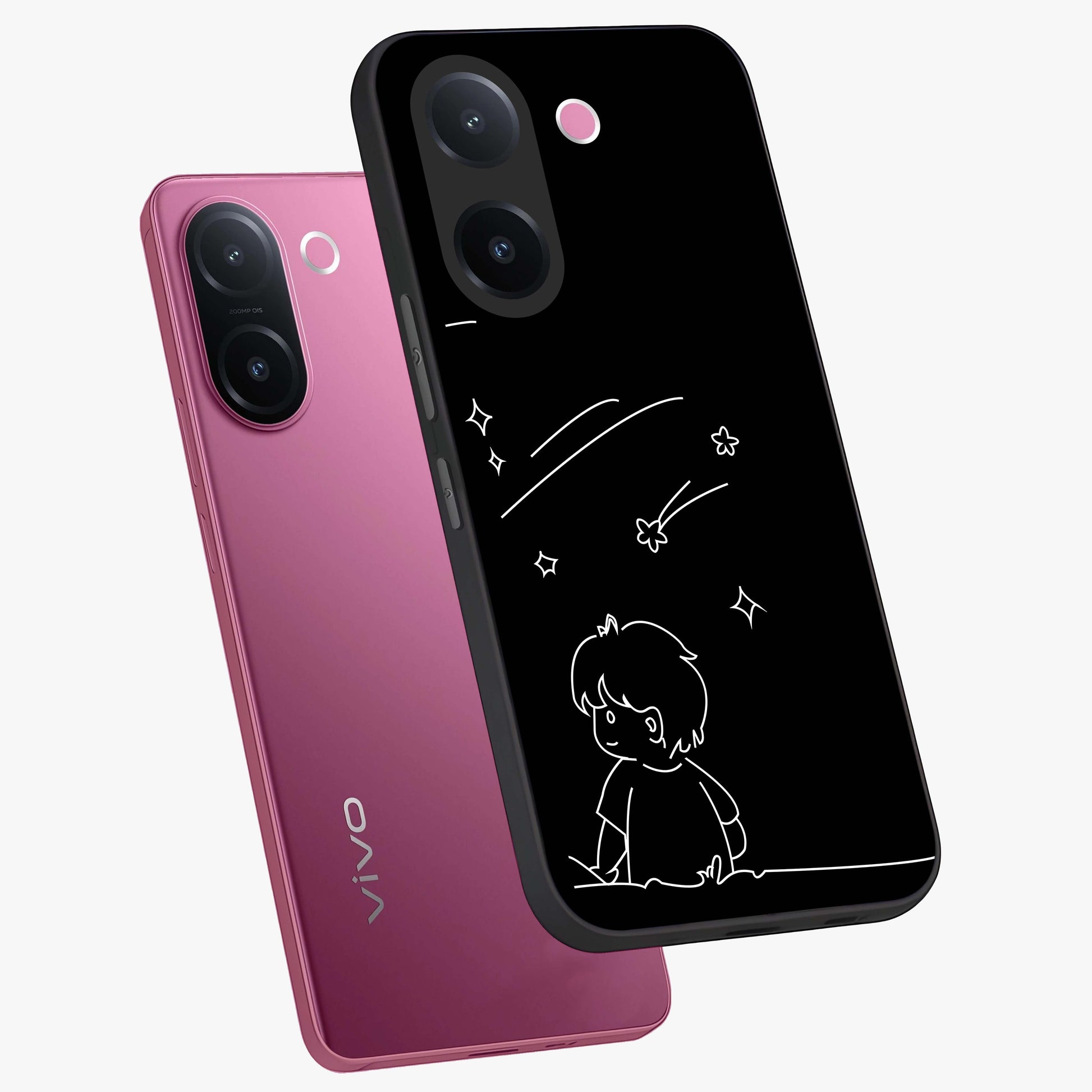 Line Art Boy With Shooting Stars Glass Case displayed in angled mockup highlighting elegant line art design with dreamy star aesthetic.