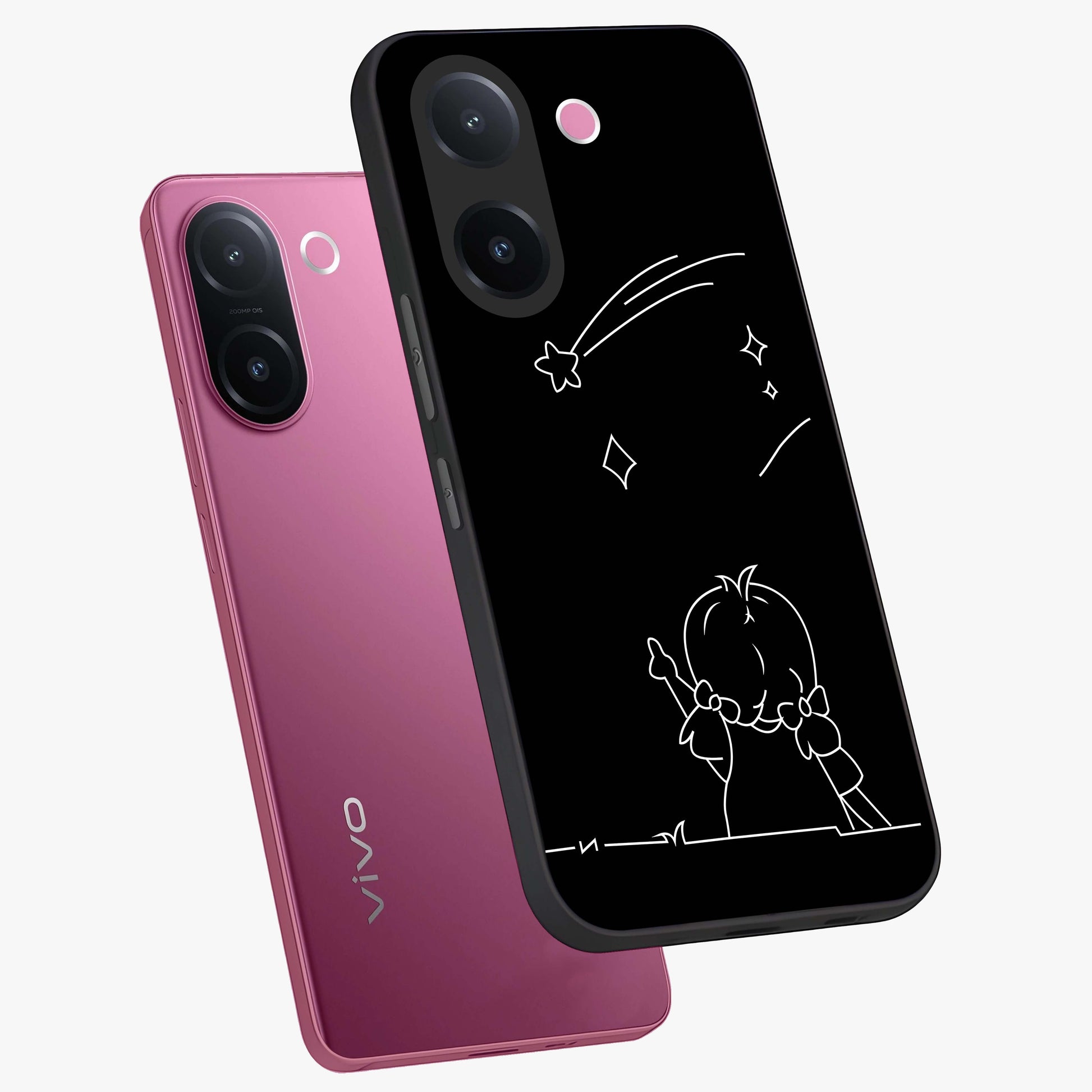 Line Art Girl With Shooting Stars Glass Case displayed in angled mockup highlighting elegant line art design with dreamy star aesthetic.