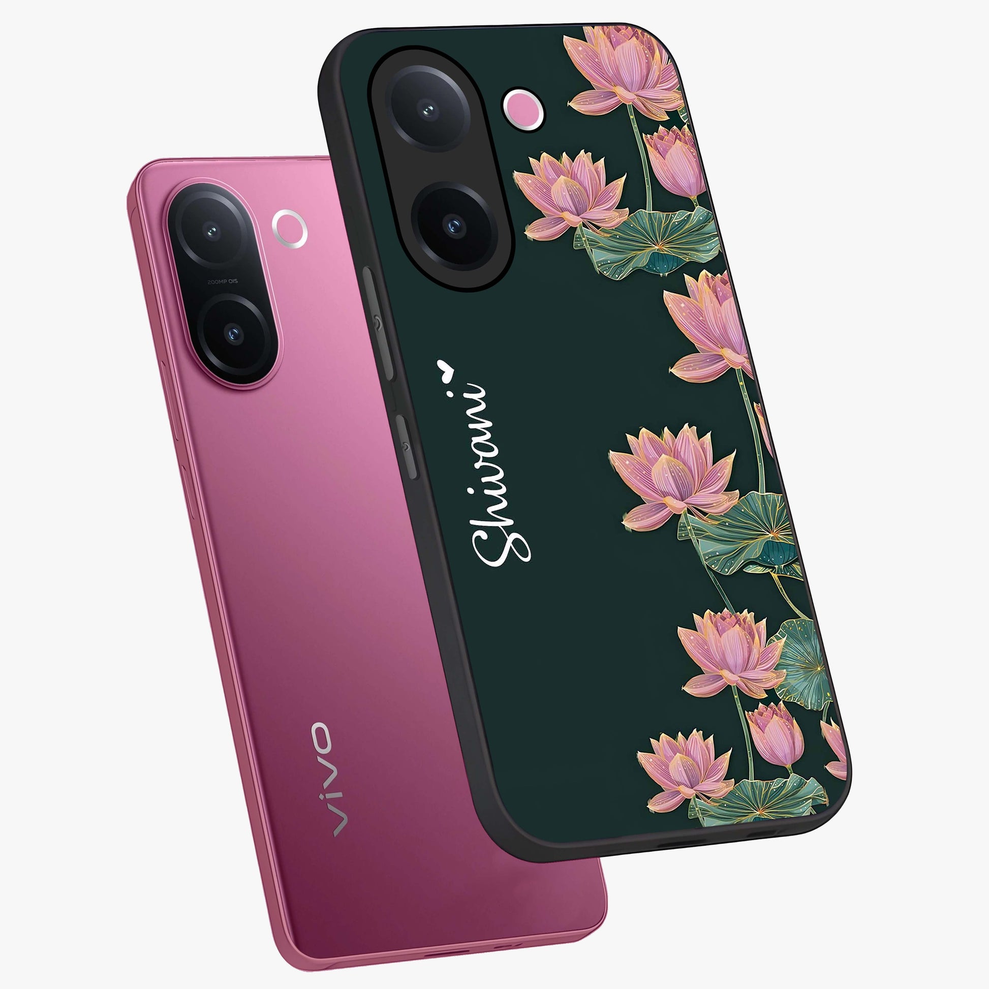 Lotus Bloom Serenity Custom Name Glass Case displayed in angled mockup highlighting graceful lotus illustration with custom name feature.
