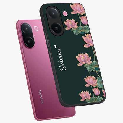Lotus Bloom Serenity Custom Name Glass Case displayed in angled mockup highlighting graceful lotus illustration with custom name feature.