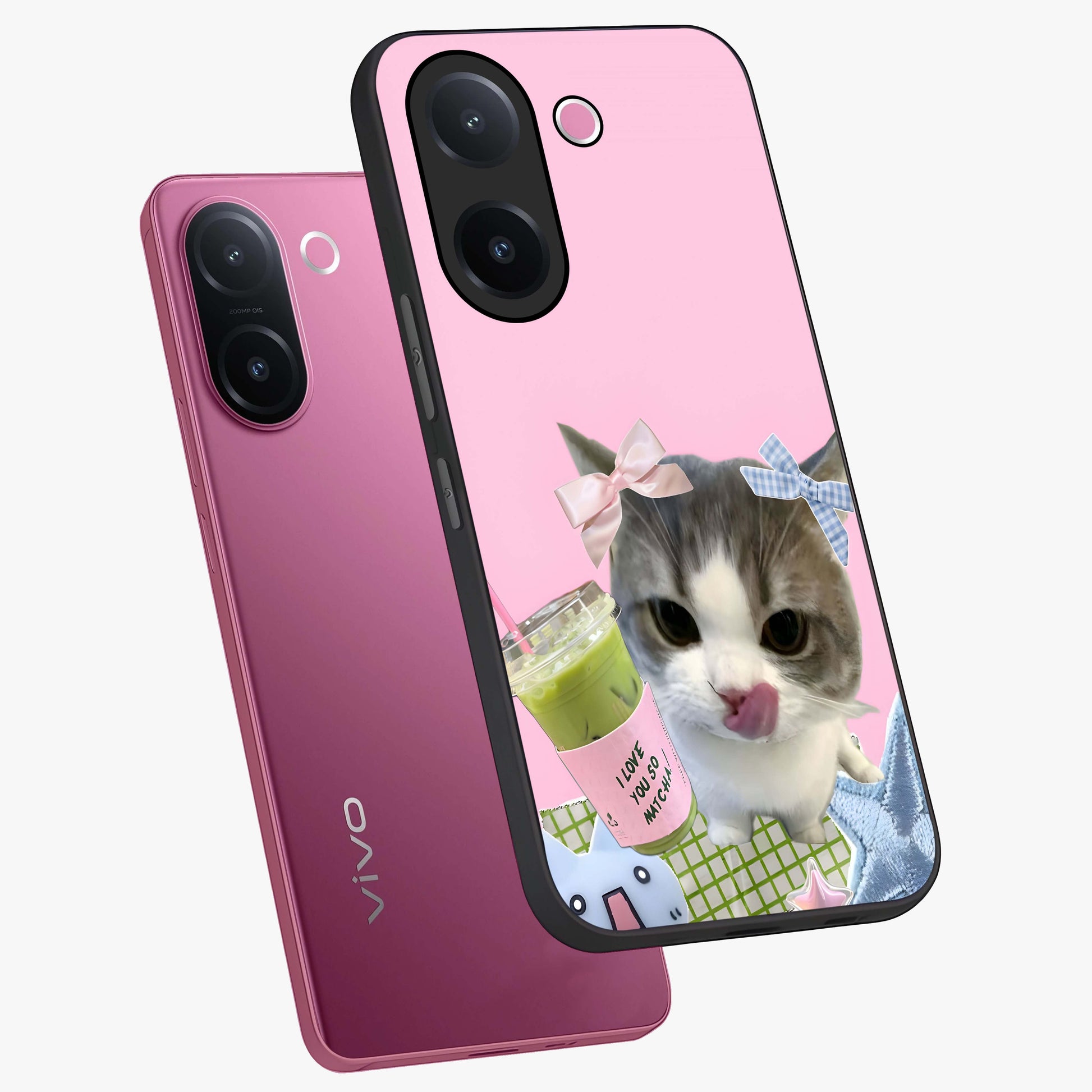 Love Matcha Cat Glass Case displayed in angled mockup highlighting playful feline illustration with cozy matcha aesthetic.